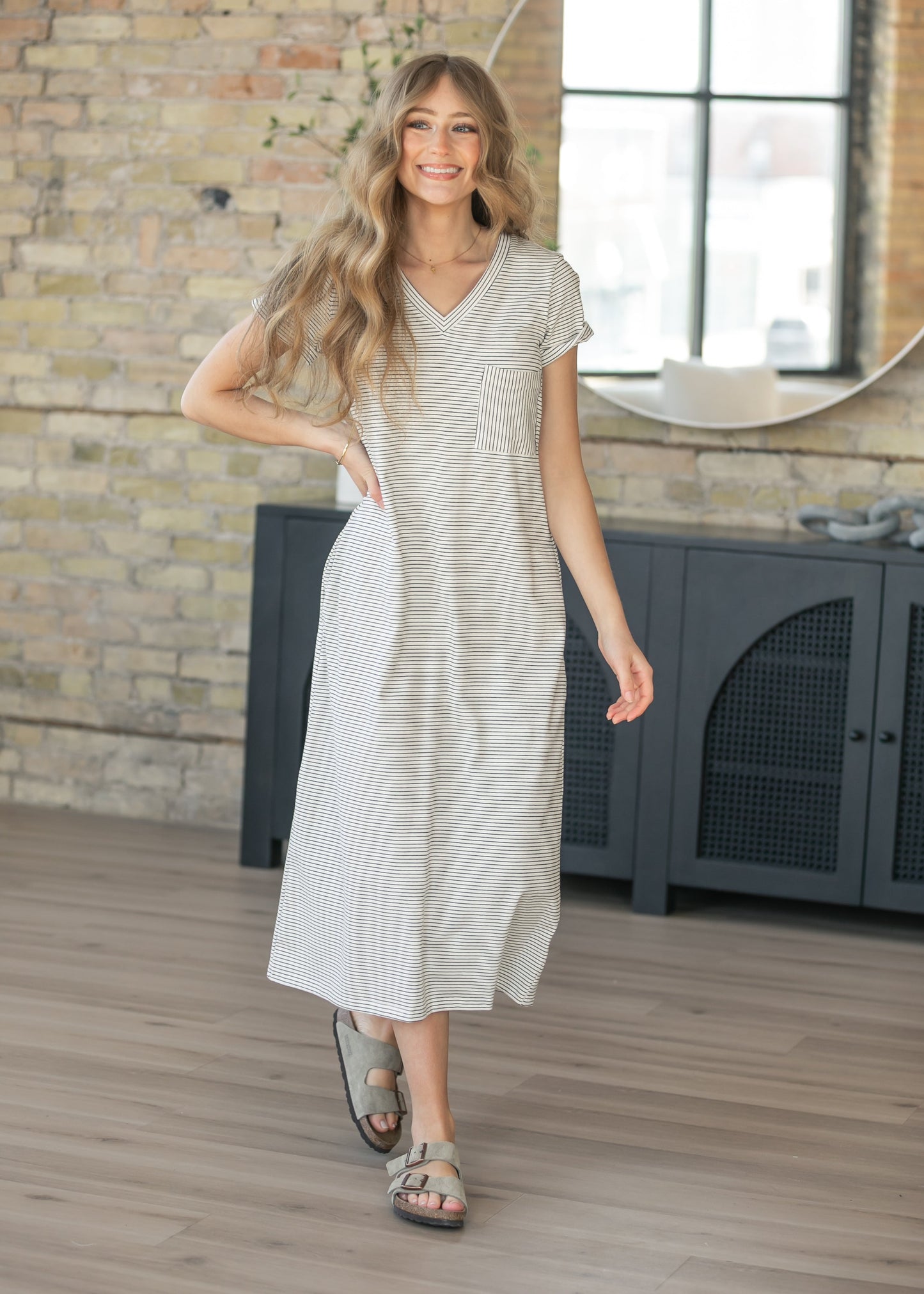 Finley Black Stripe V-neck Midi Dress
