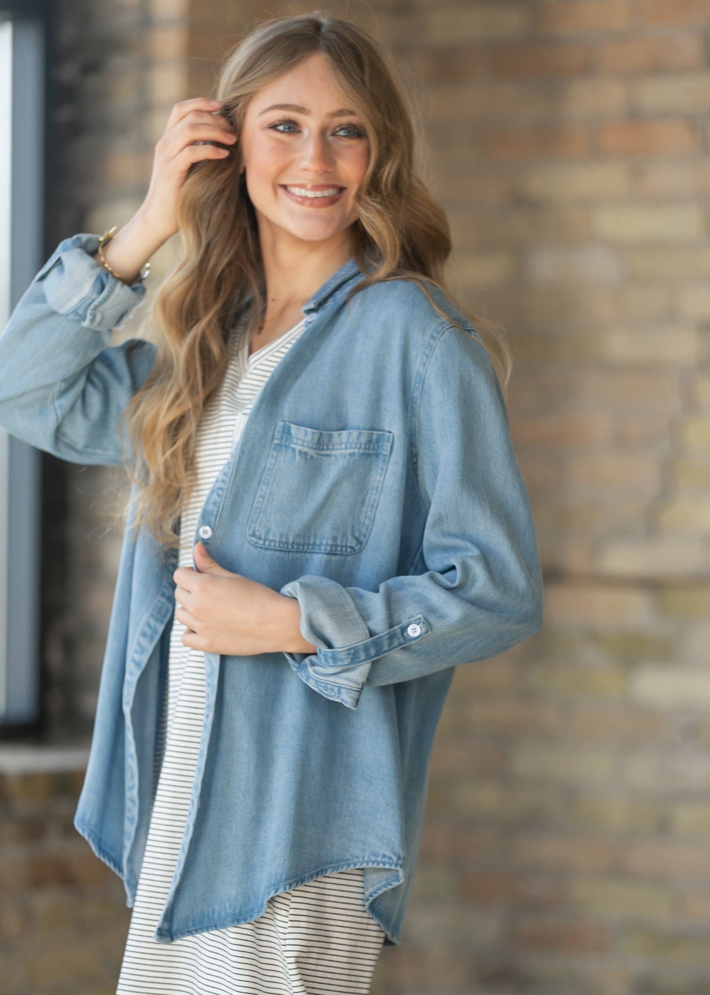 Rowan Light Wash Chambray Button Down Top
