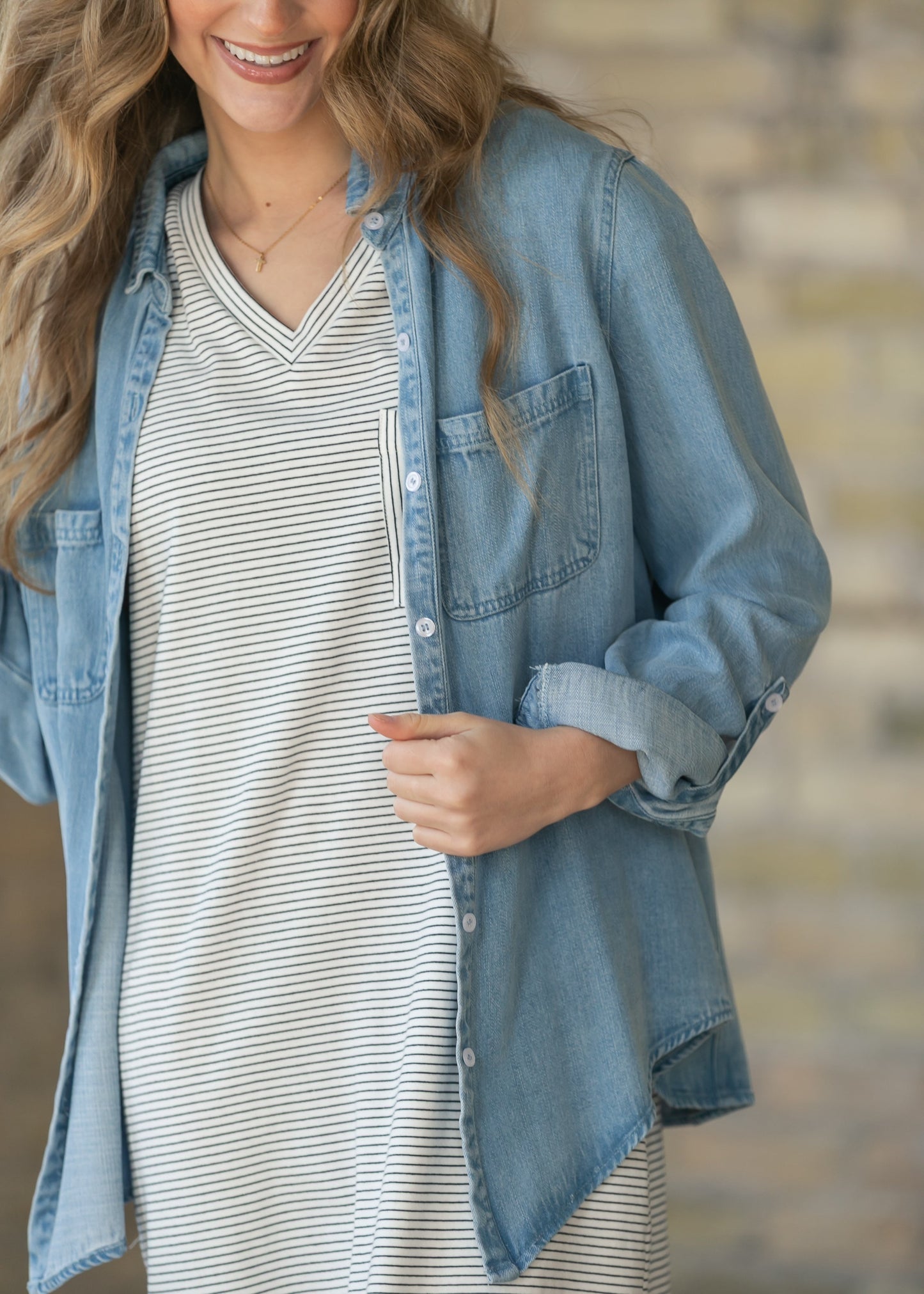 Rowan Light Wash Chambray Button Down Top