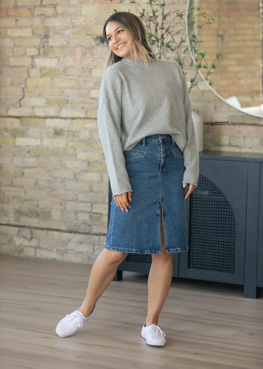 Front Yoke High-Rise Denim Midi Skirt