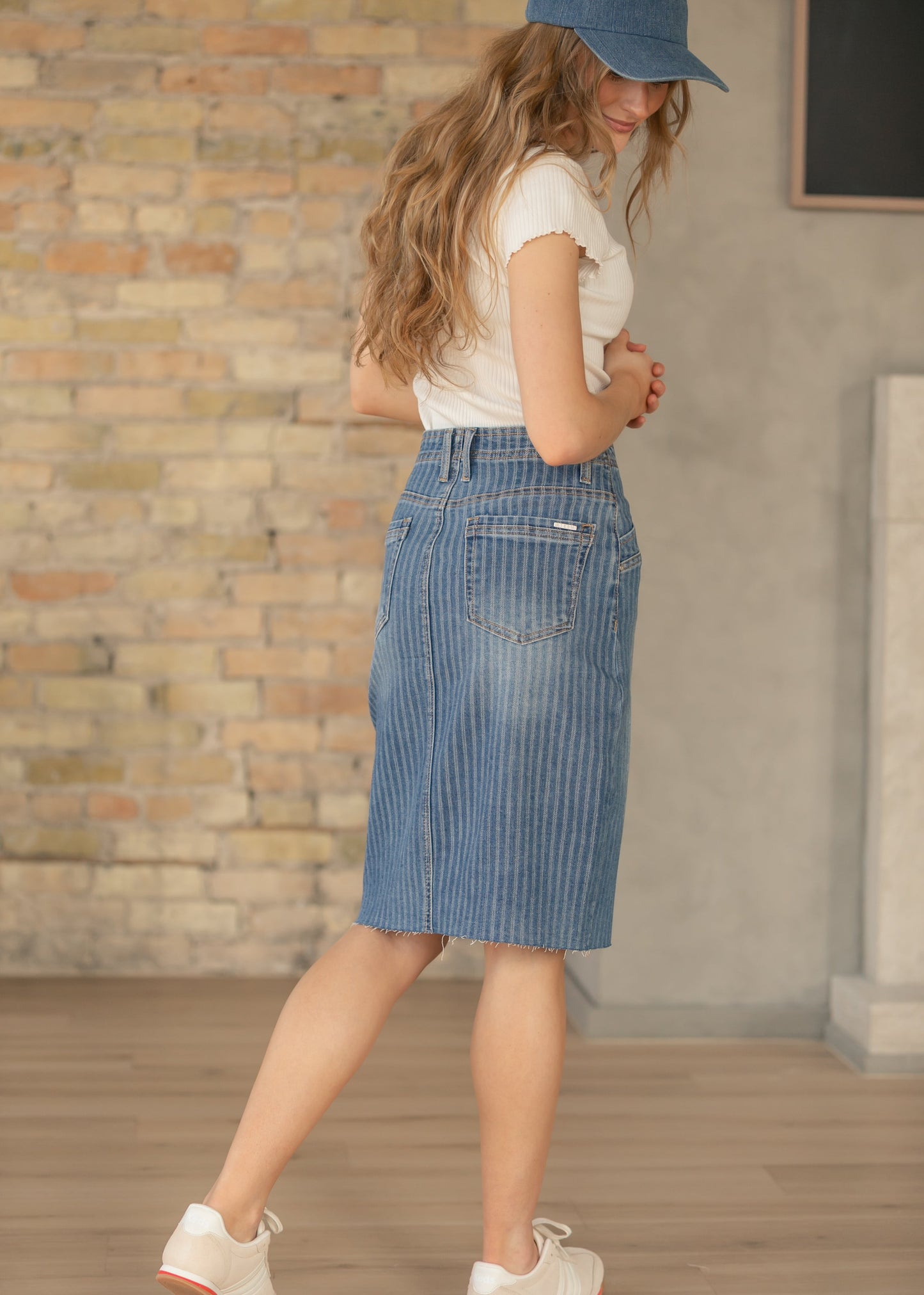 High Rise Stripe Midi Skirt
