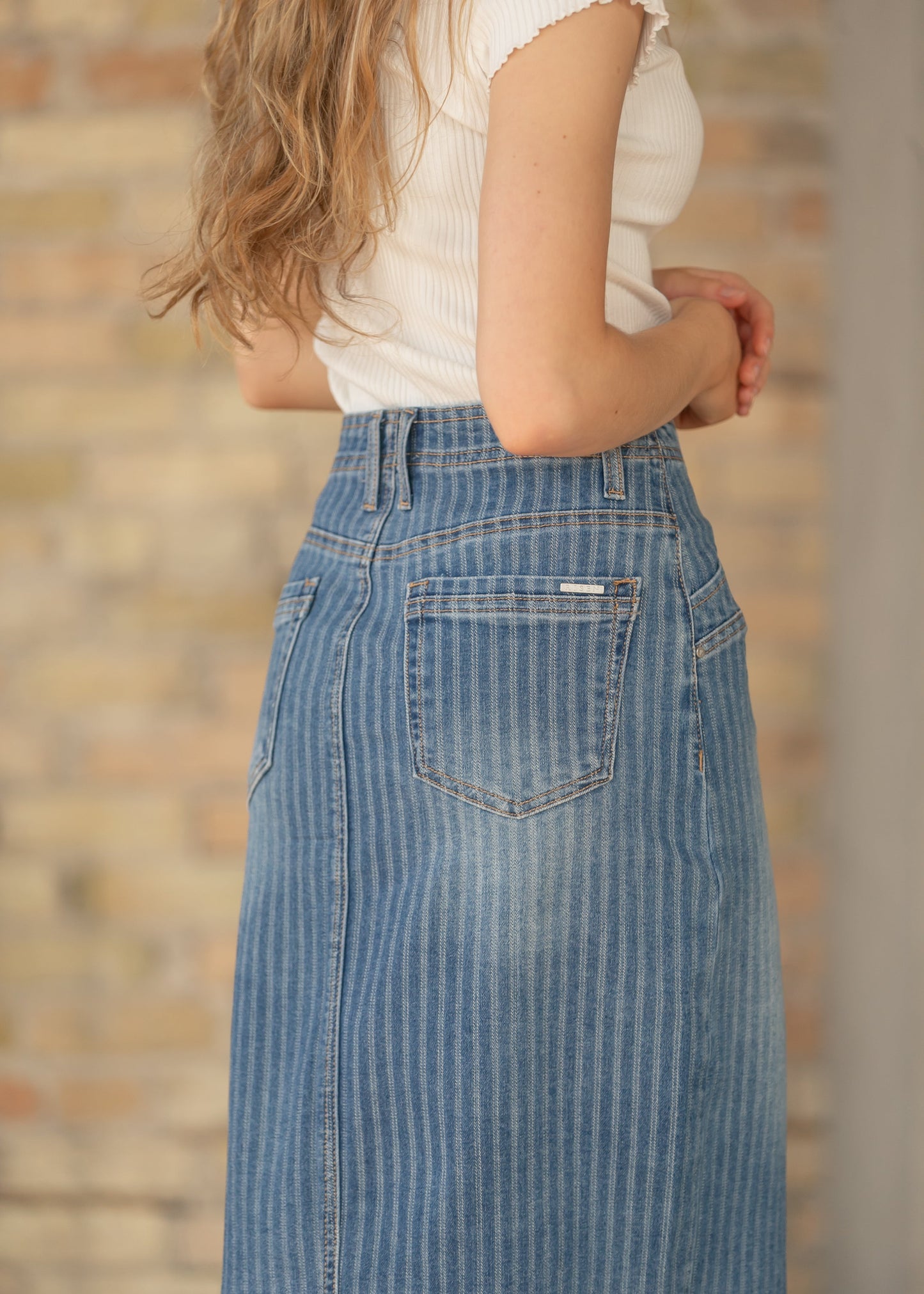 High Rise Stripe Midi Skirt