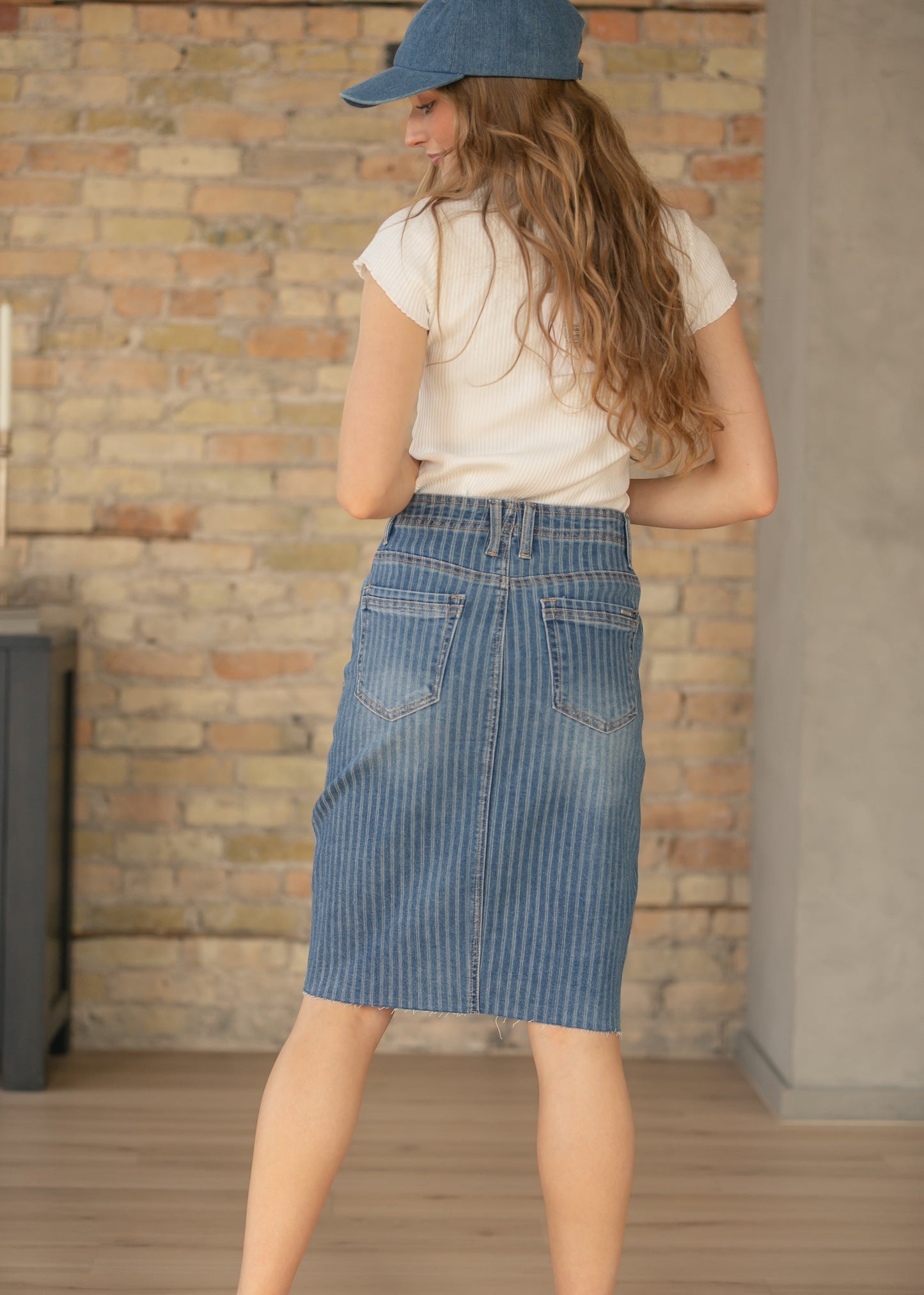High Rise Stripe Midi Skirt