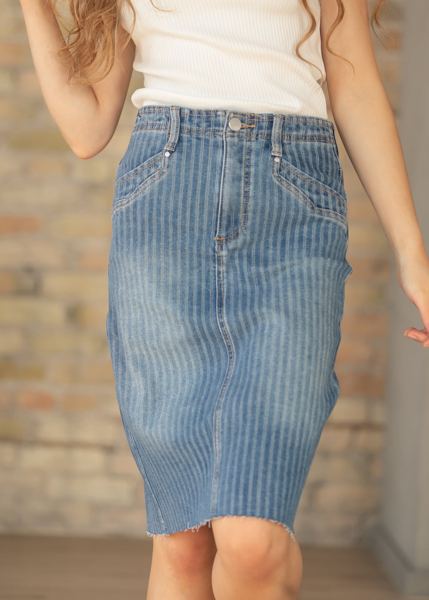 High Rise Stripe Midi Skirt