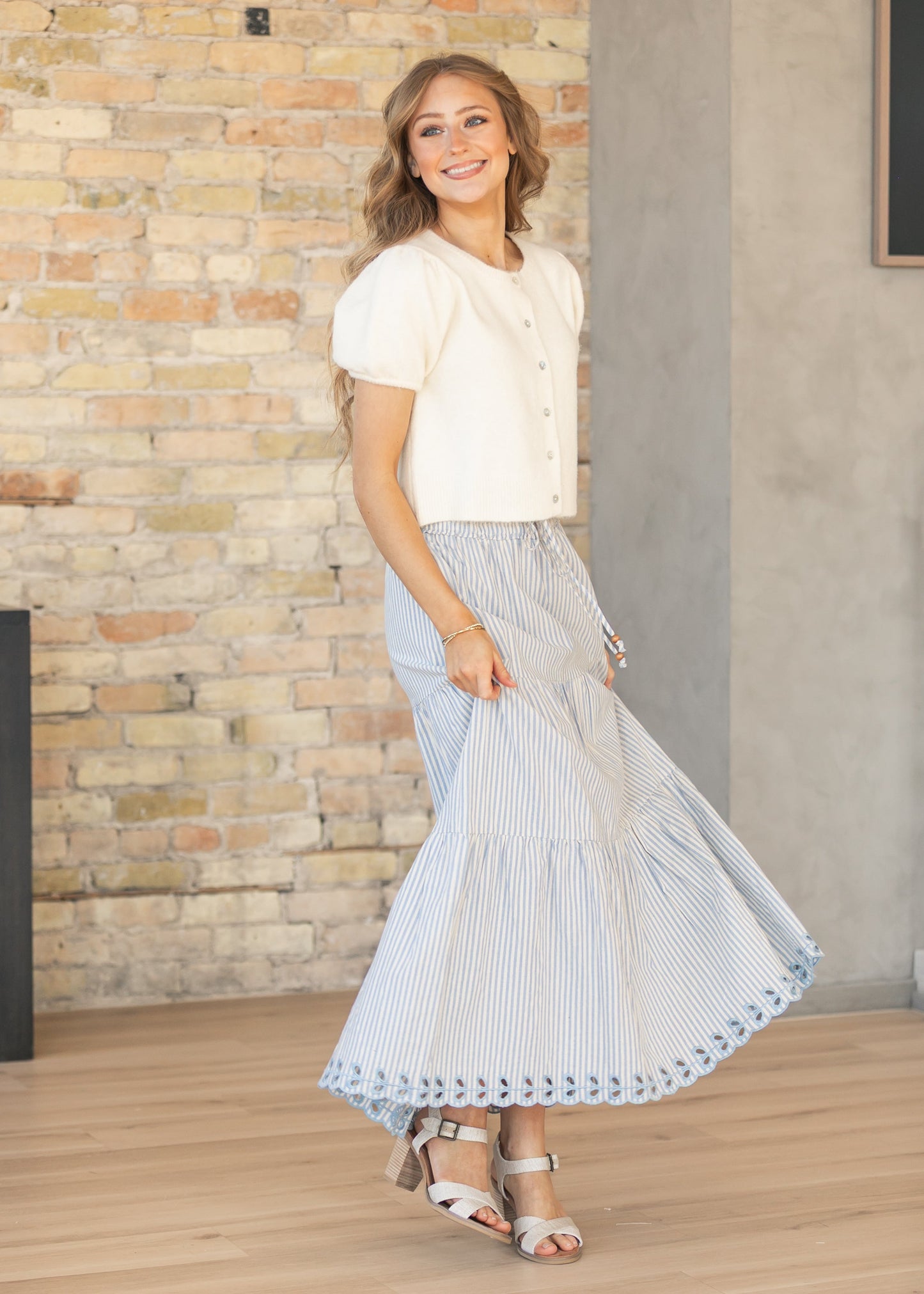 Blue Embroidered Detail Midi Skirt