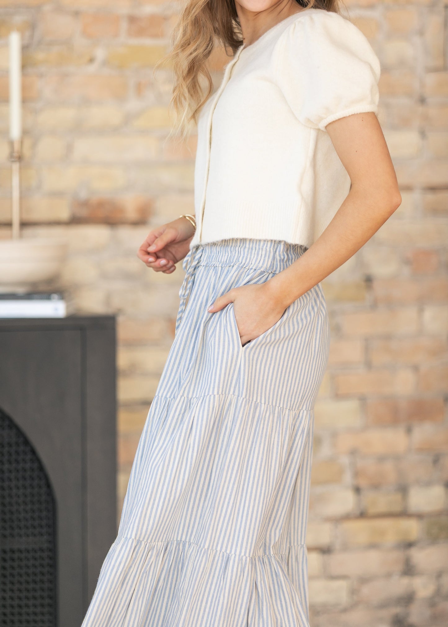 Blue Embroidered Detail Midi Skirt