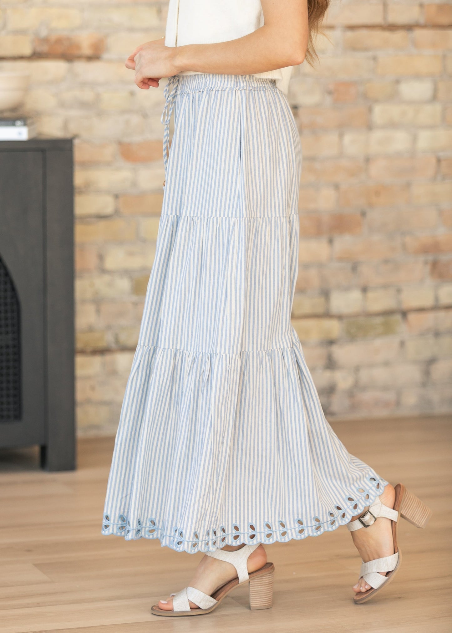 Blue Embroidered Detail Midi Skirt