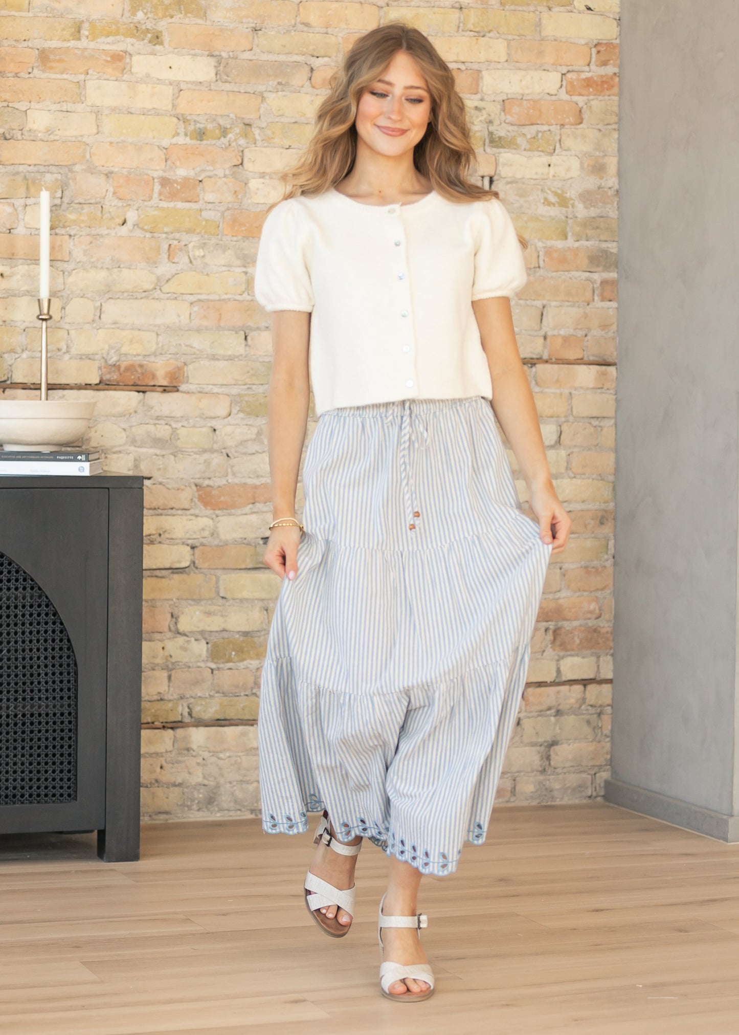 Blue Embroidered Detail Midi Skirt