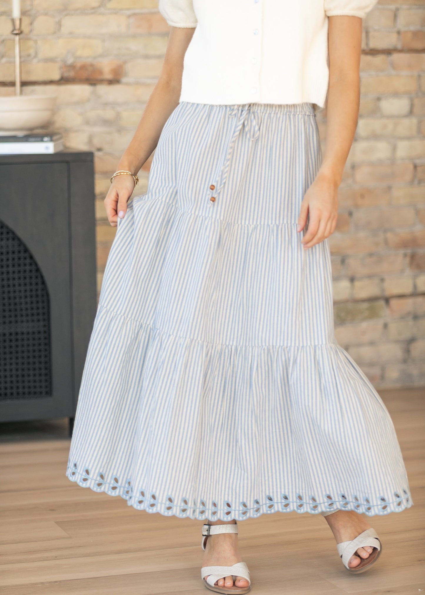 Blue Embroidered Detail Midi Skirt