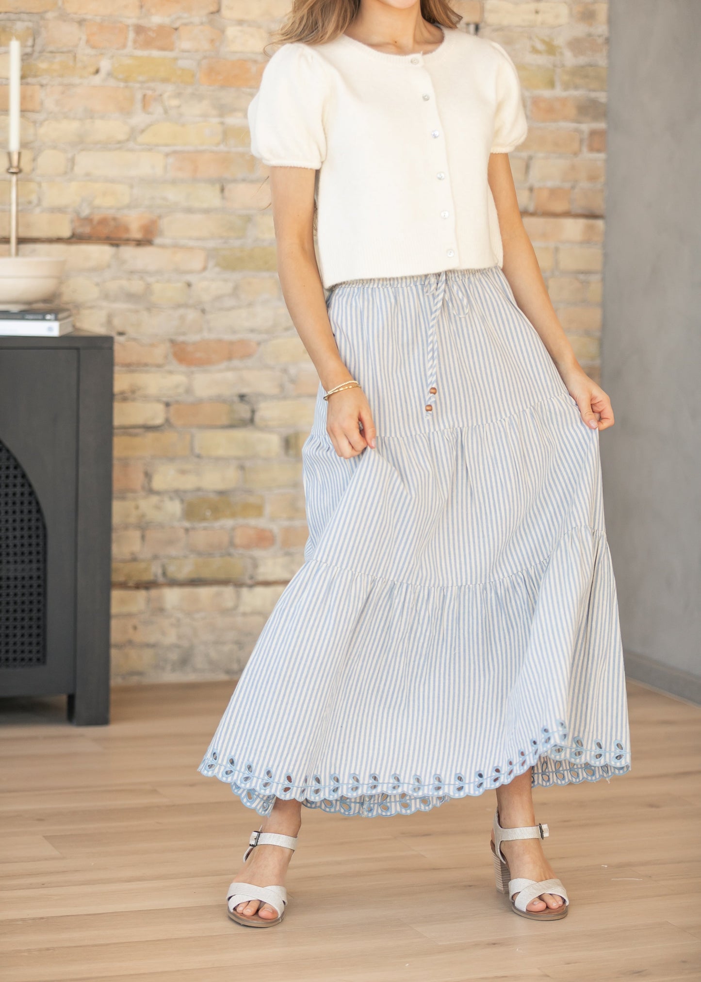 Blue Embroidered Detail Midi Skirt