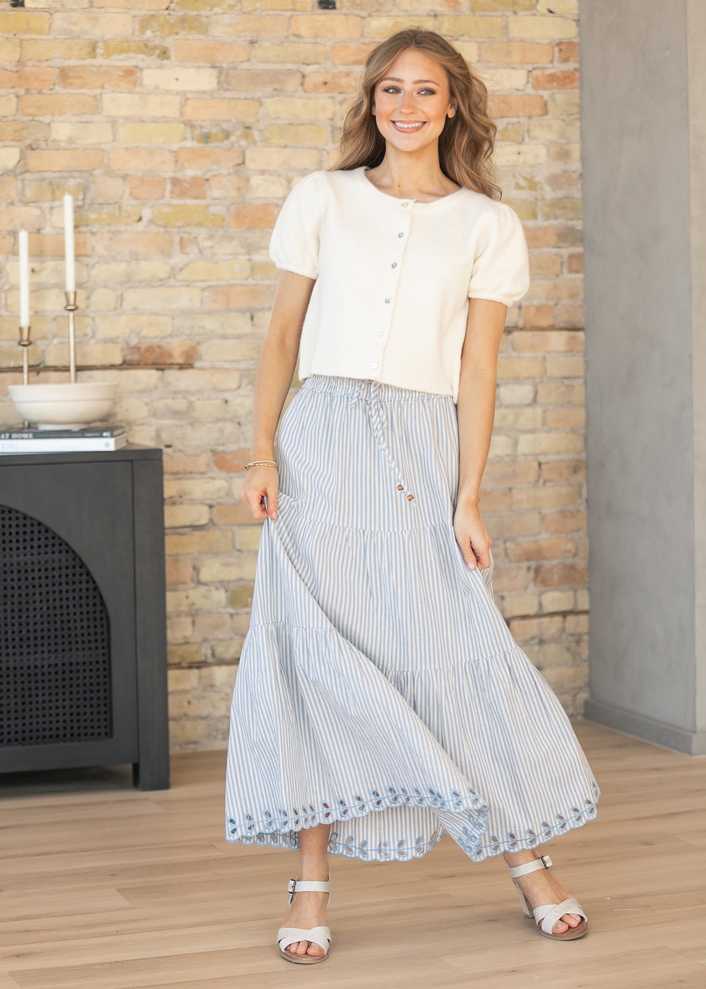 Blue Embroidered Detail Midi Skirt