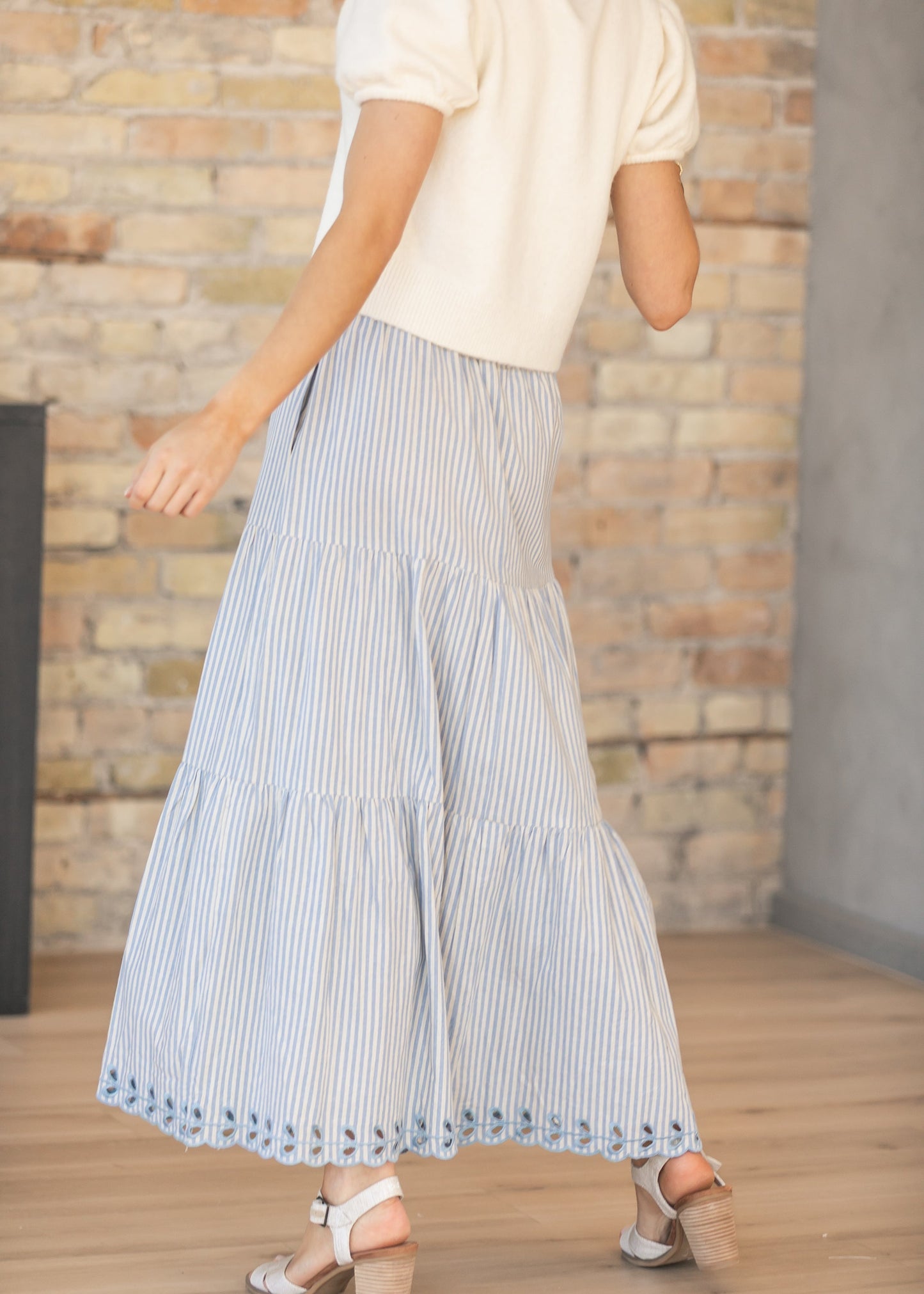 Blue Embroidered Detail Midi Skirt