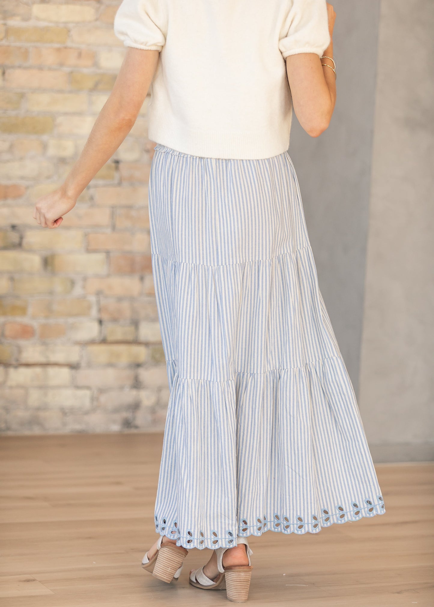 Blue Embroidered Detail Midi Skirt