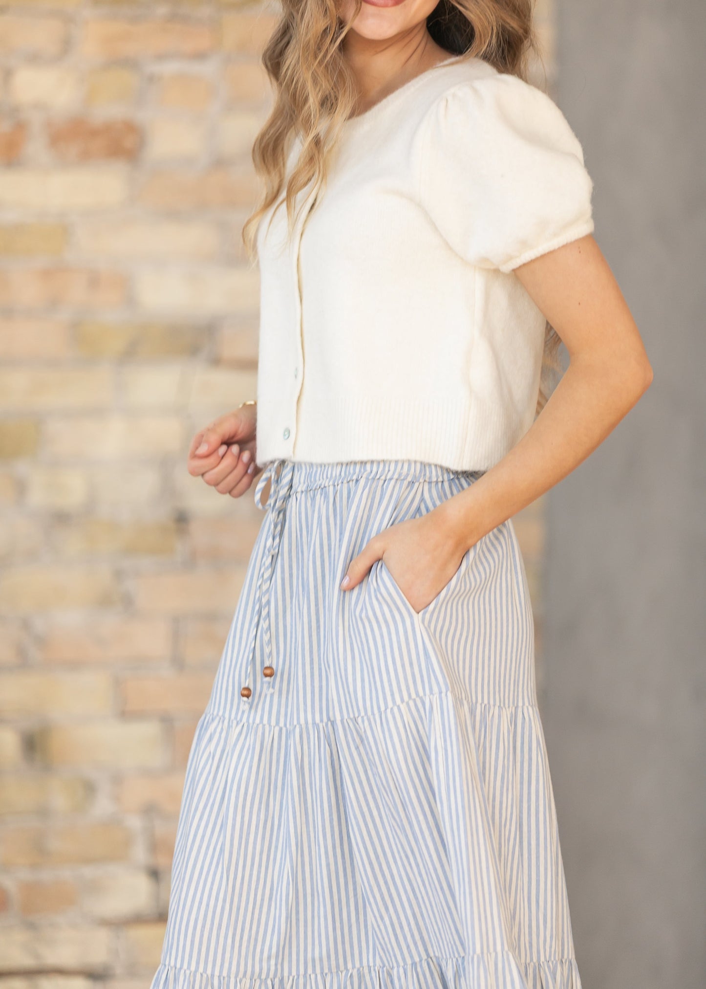 Blue Embroidered Detail Midi Skirt