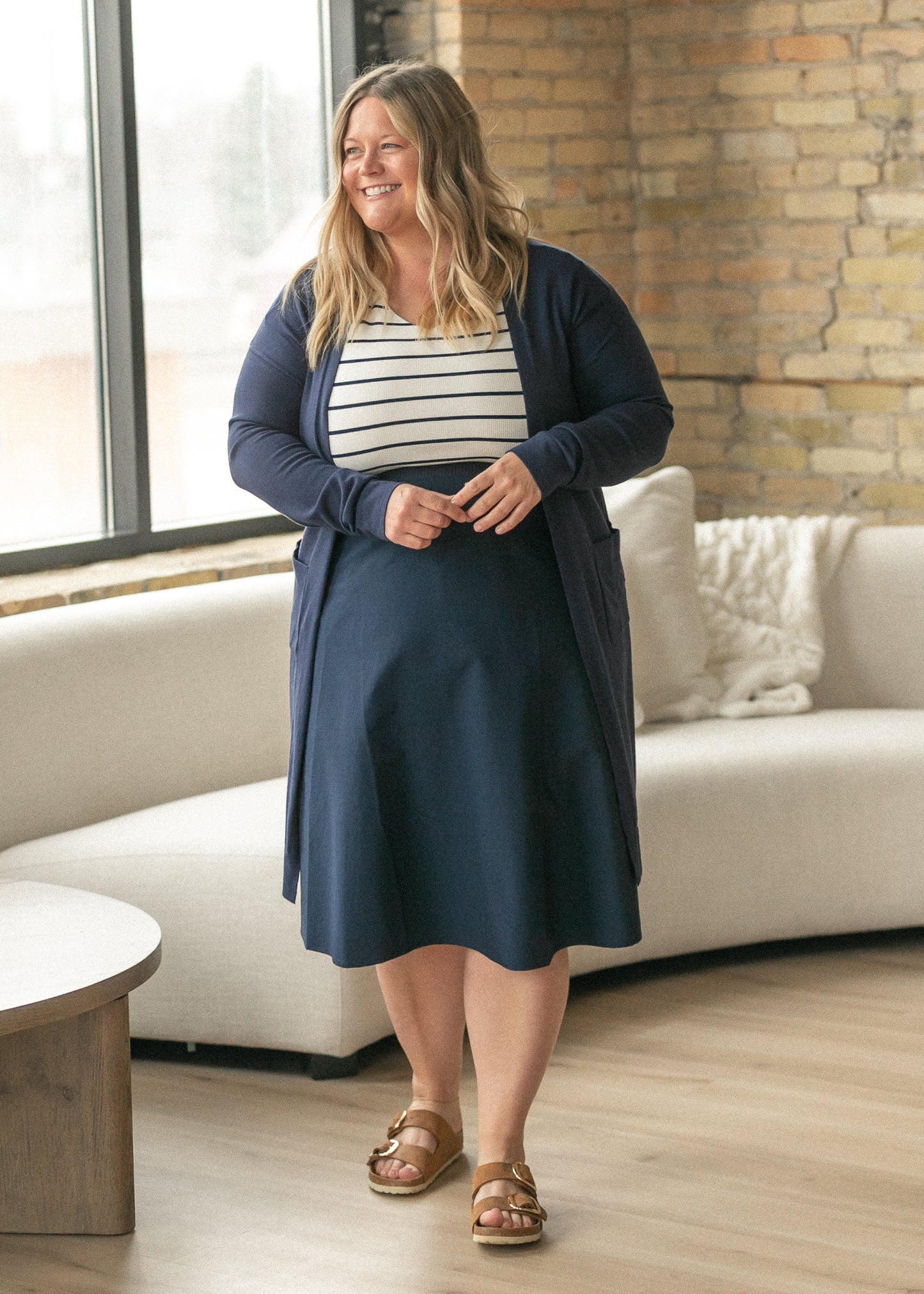 Kate Navy Stripe Cap Sleeve Midi Dress