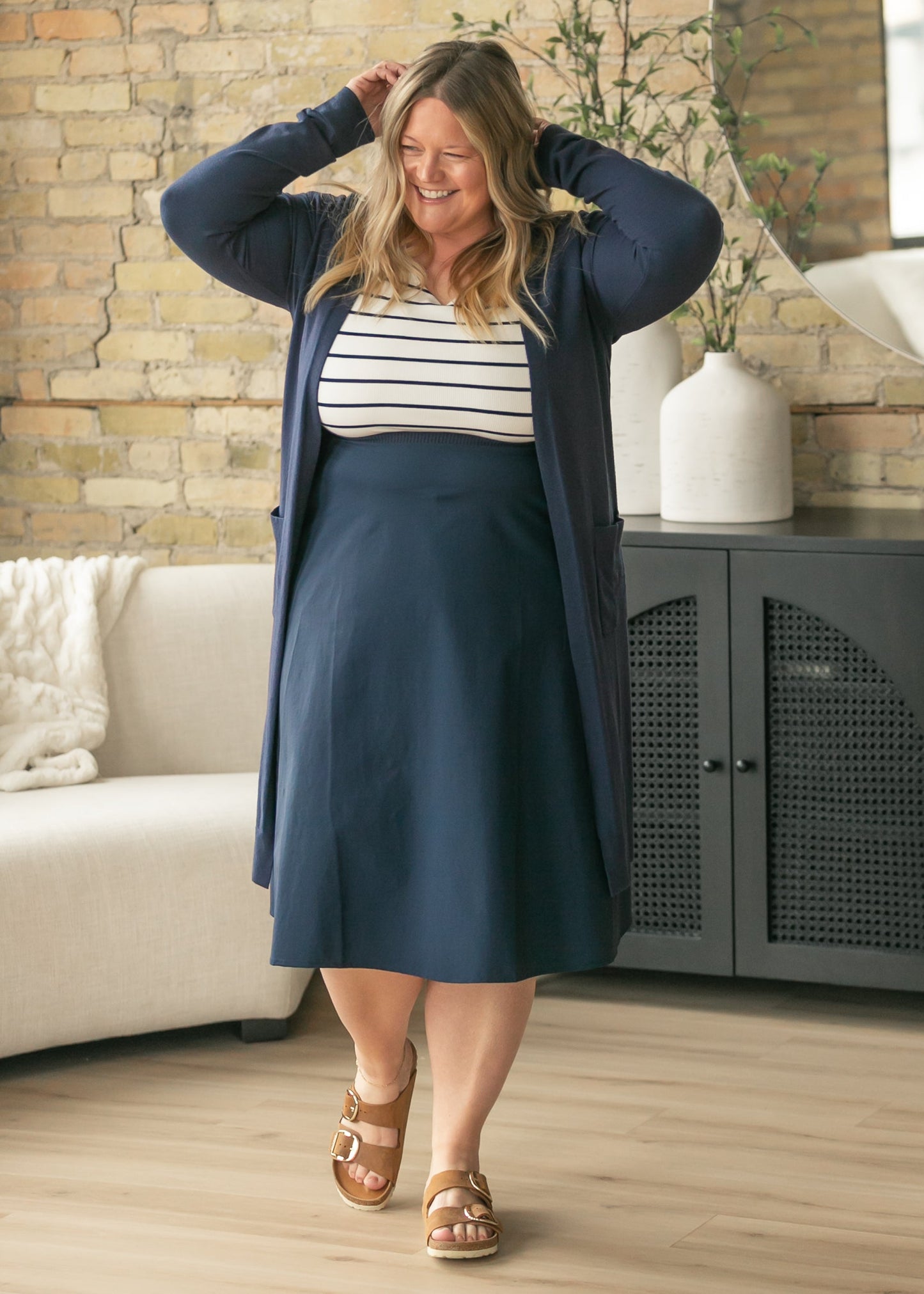 Kate Navy Stripe Cap Sleeve Midi Dress
