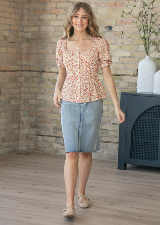 Frankie Light Wash Raw Hem Midi Skirt