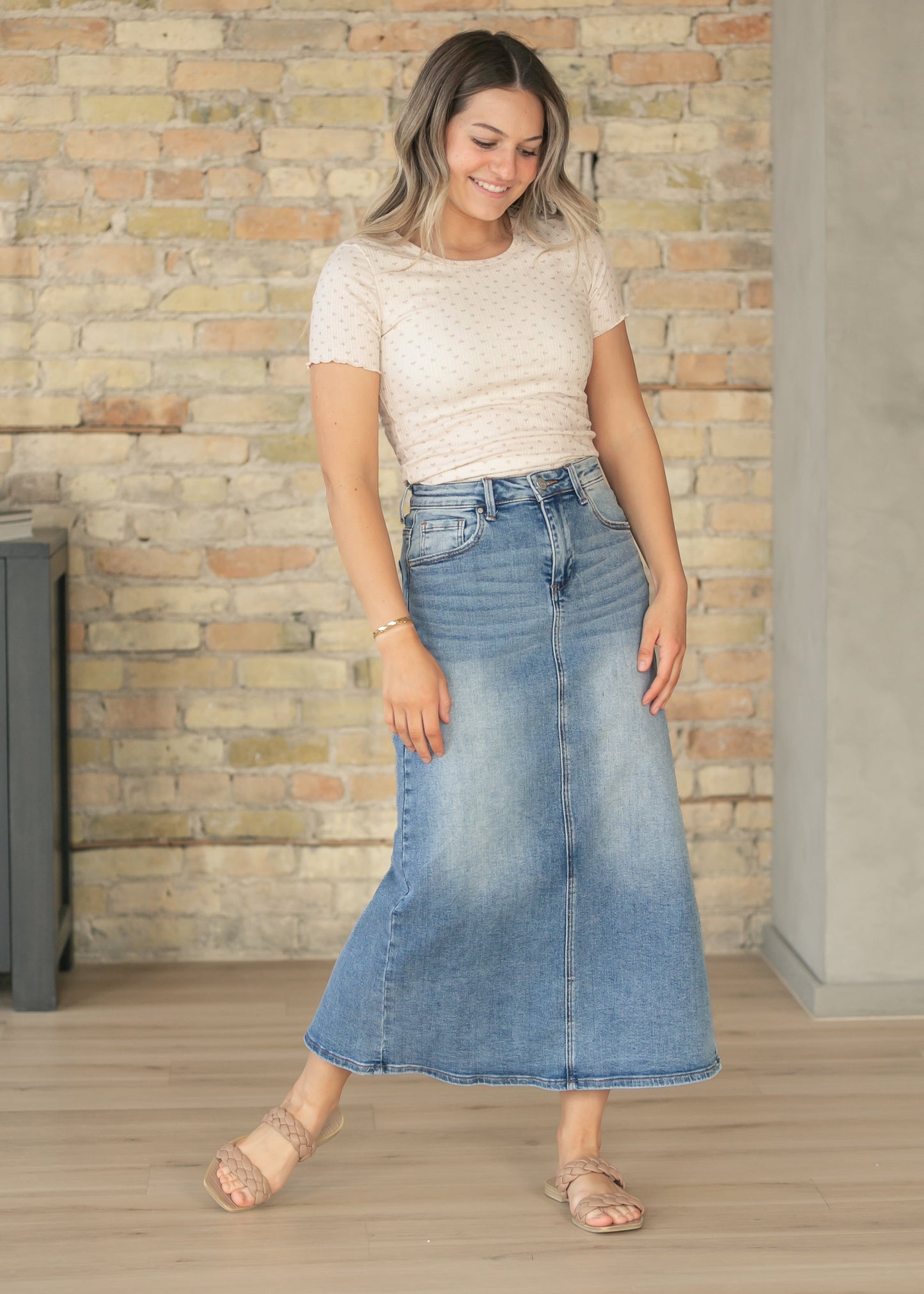 Medium Wash High Rise Maxi Skirt