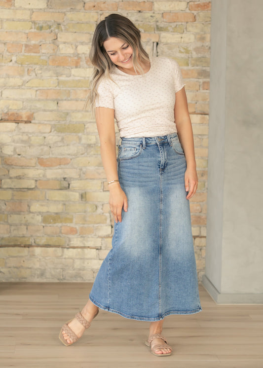 Medium Wash High Rise Maxi Skirt