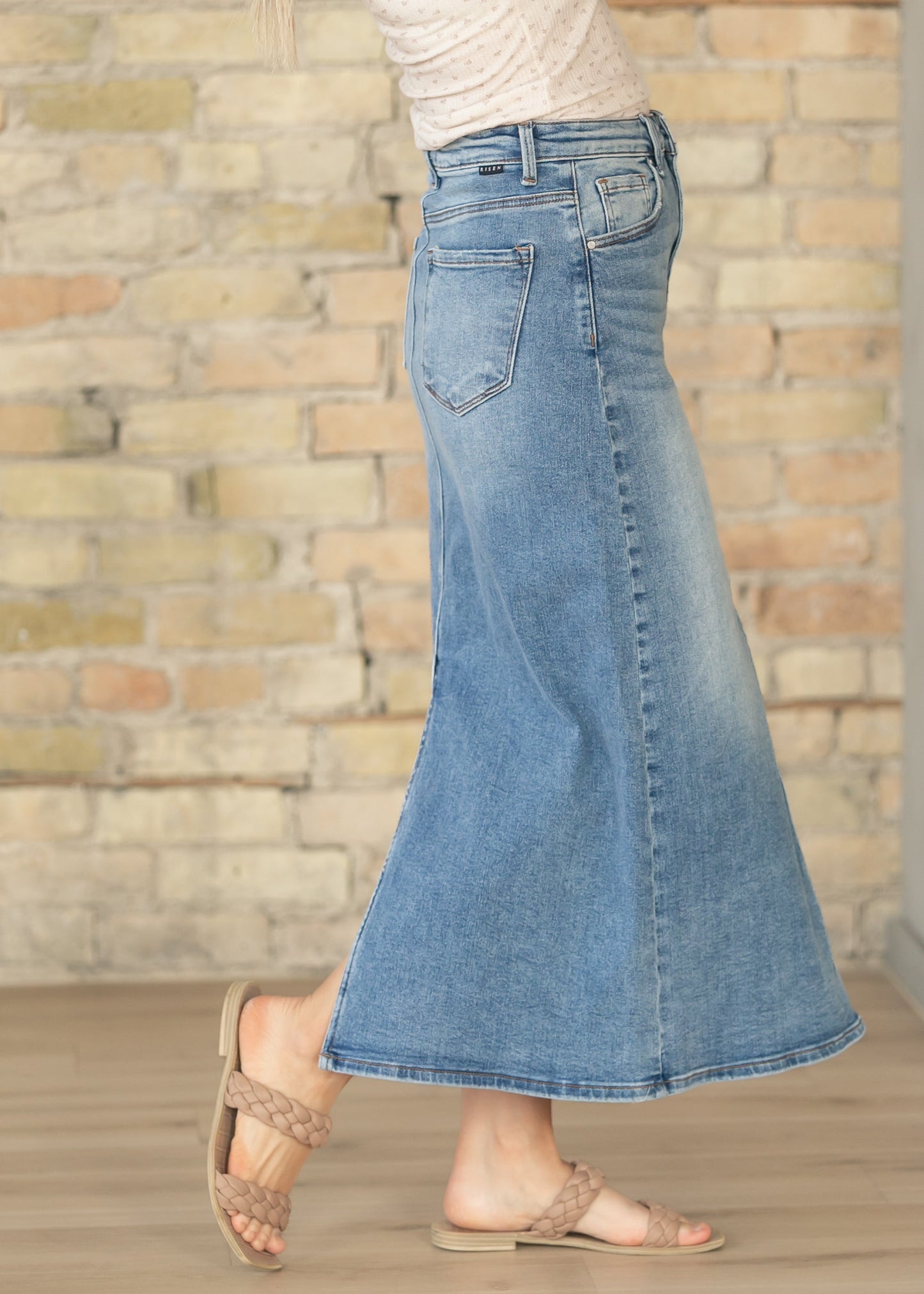 Medium Wash High Rise Maxi Skirt