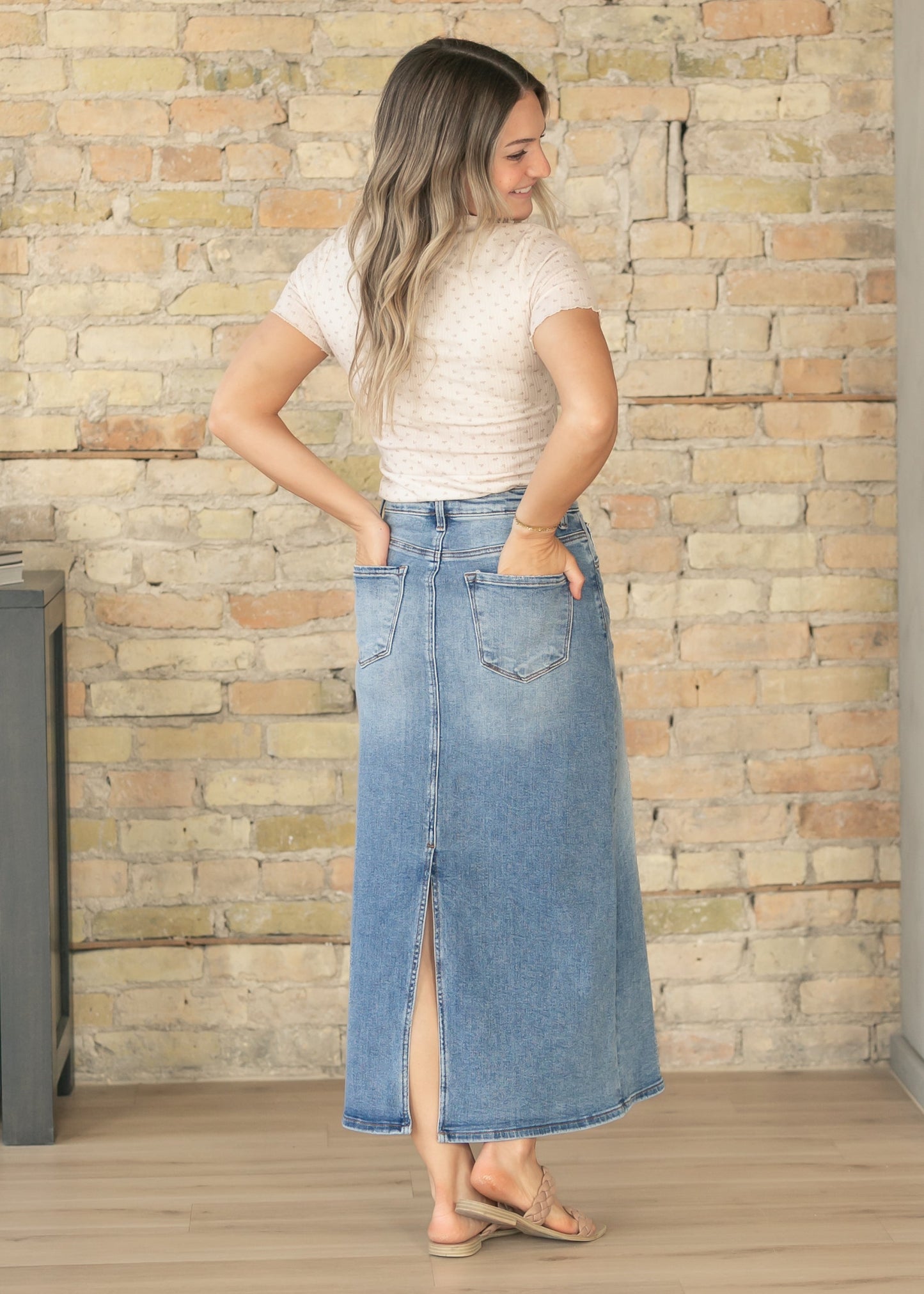 Medium Wash High Rise Maxi Skirt