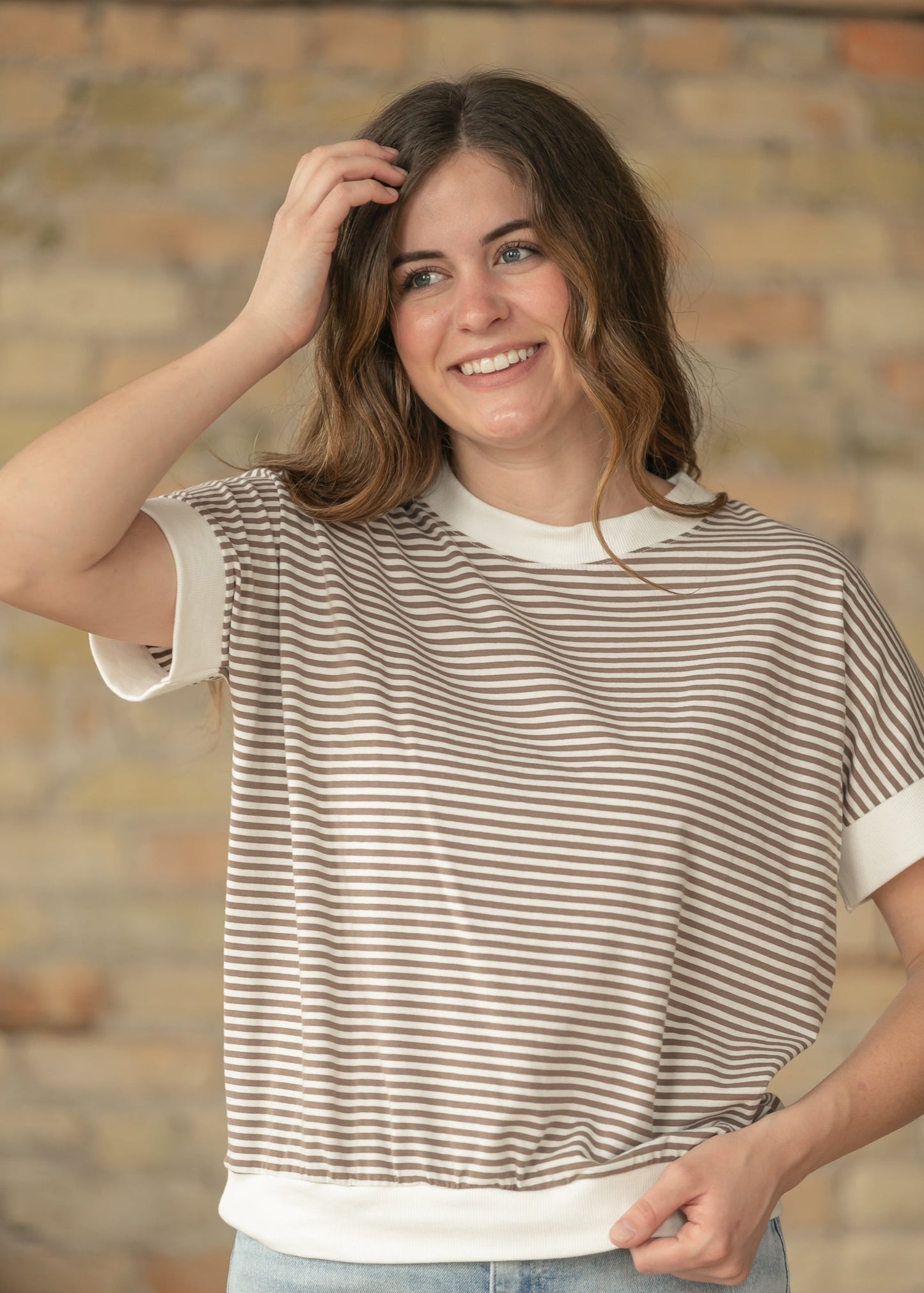 Mocha Stripe Contrast Trim Top