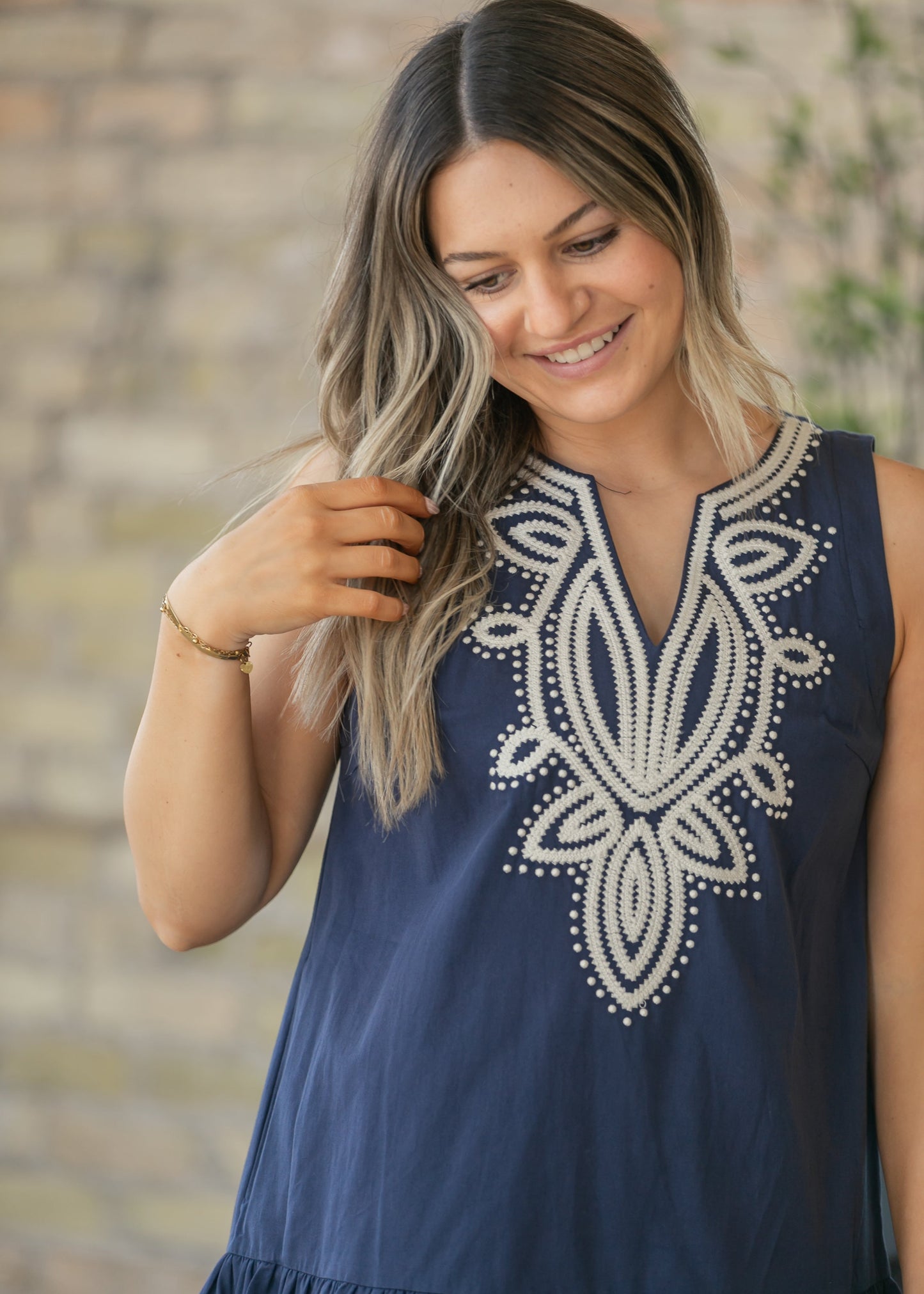 Navy Embroidered V Neck Midi Dress