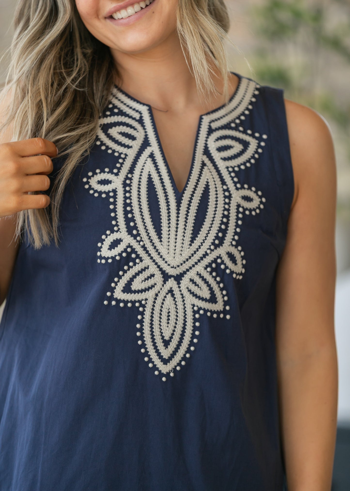 Navy Embroidered V Neck Midi Dress
