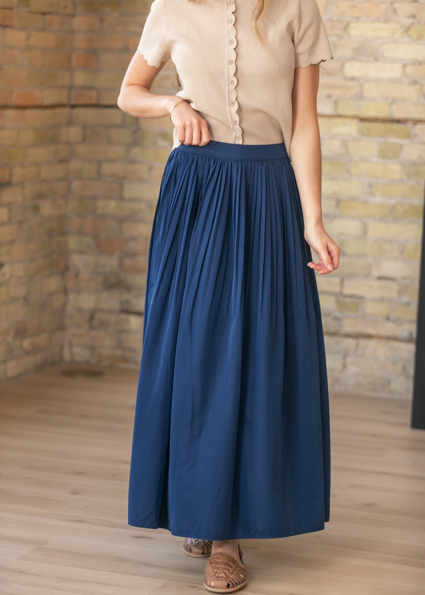 Navy Pleated A-Line Maxi Skirt