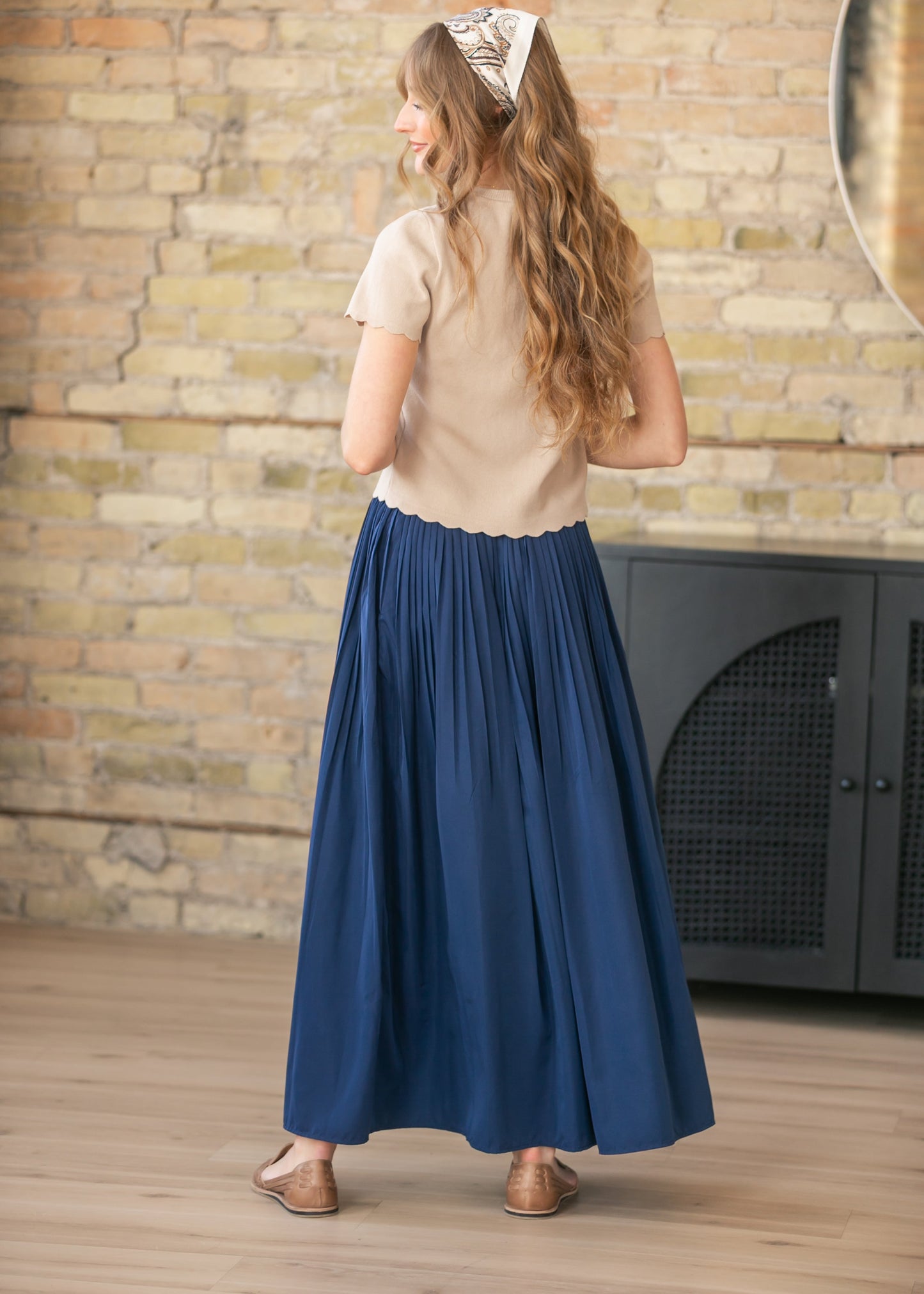 Navy Pleated A-Line Maxi Skirt