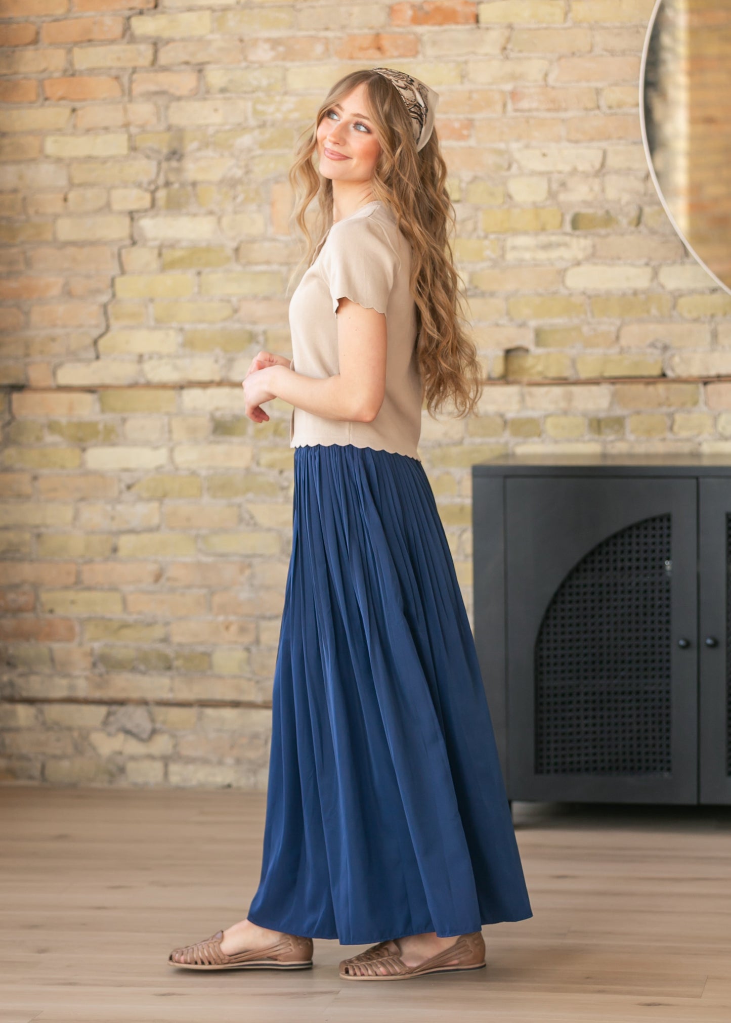 Navy Pleated A-Line Maxi Skirt