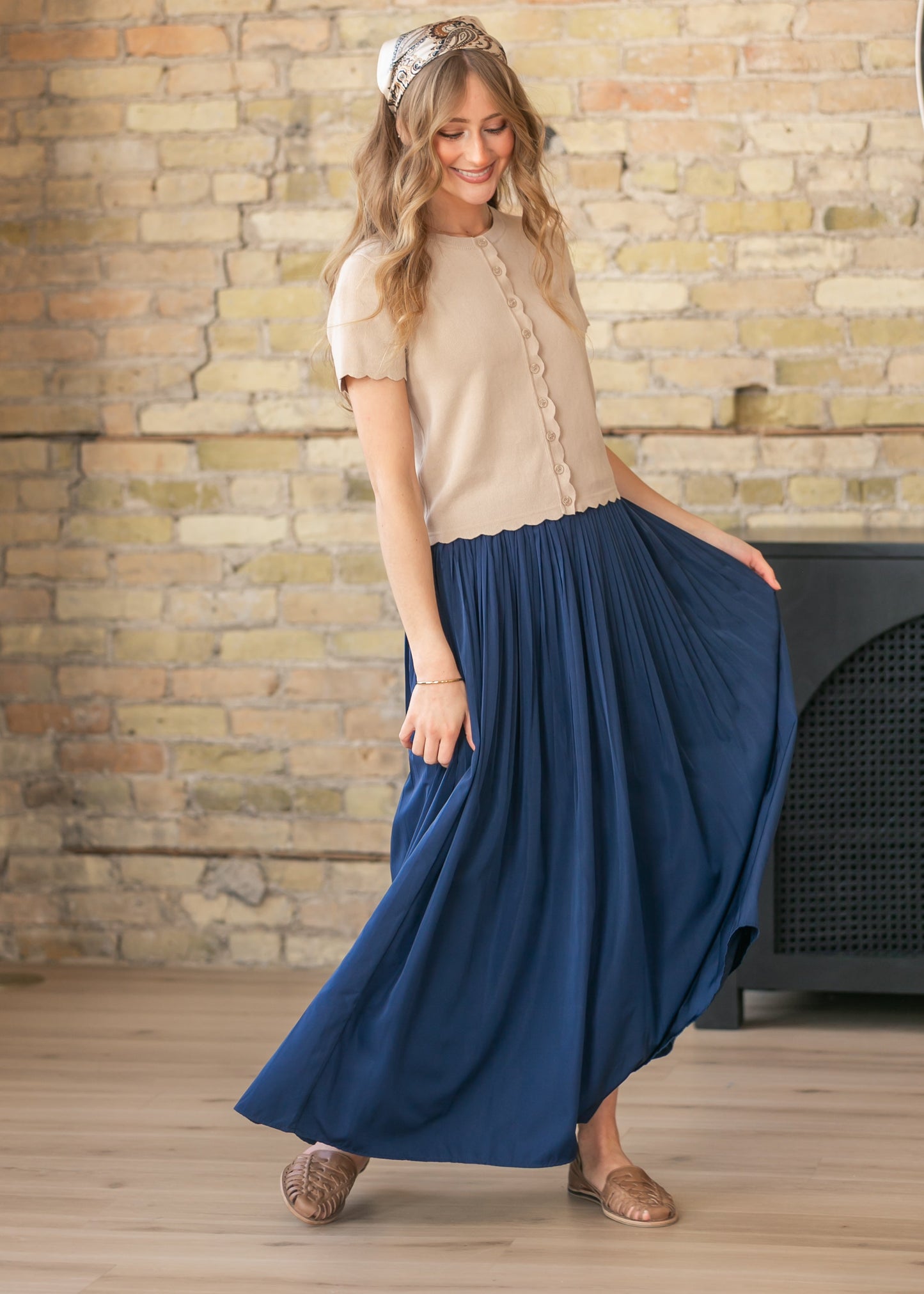 Navy Pleated A-Line Maxi Skirt