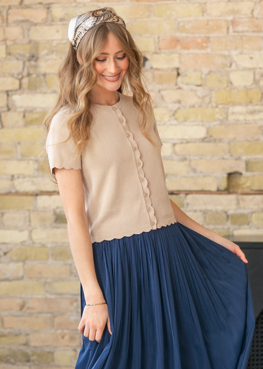 Khaki Scalloped Edge Knit Cardigan