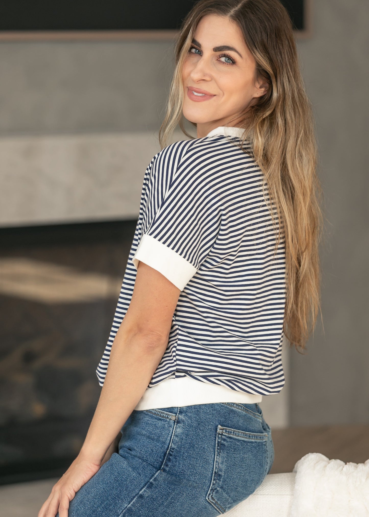Navy Stripe Contrast Trim Top
