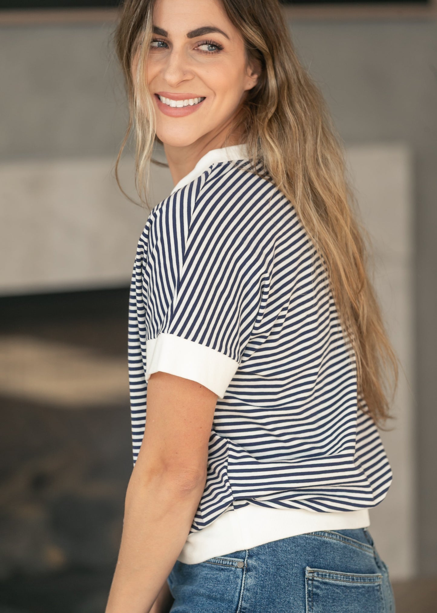 Navy Stripe Contrast Trim Top