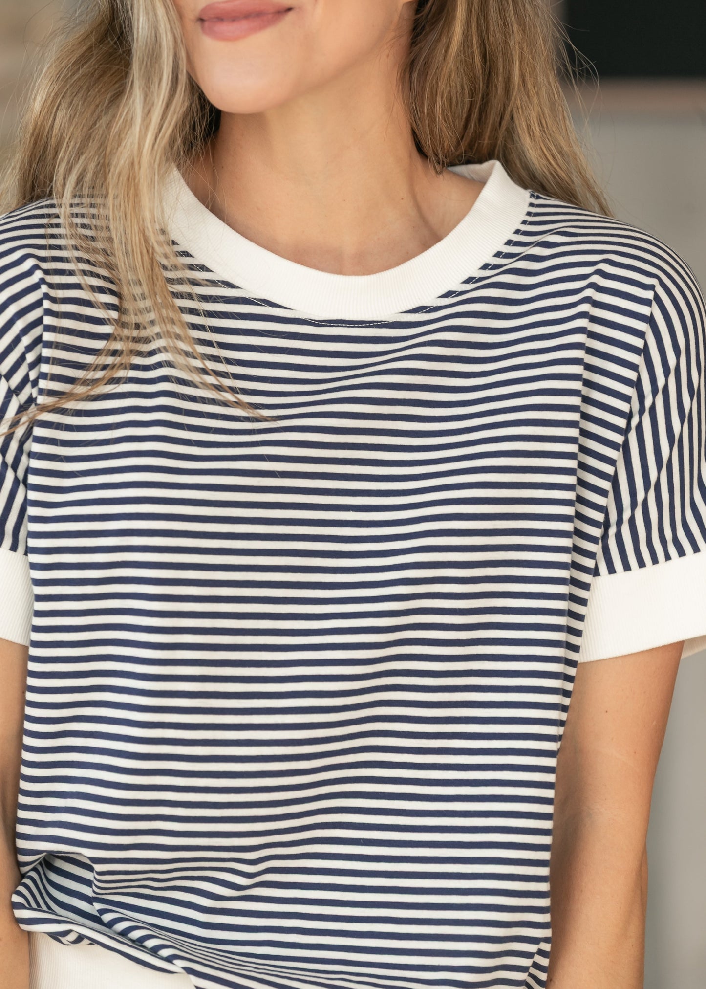 Navy Stripe Contrast Trim Top