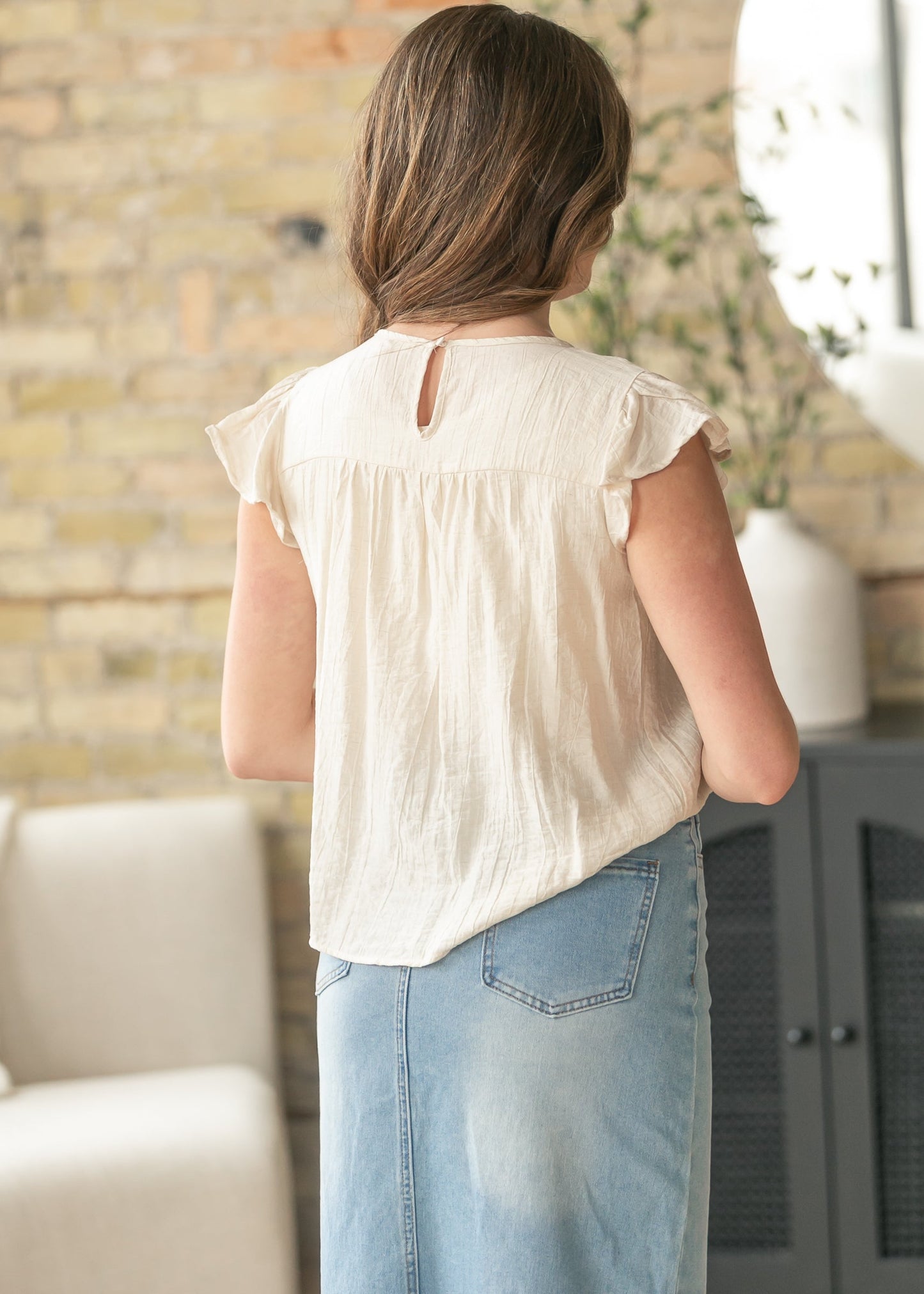 Oatmeal Ladder Lace Flounce Sleeve Top
