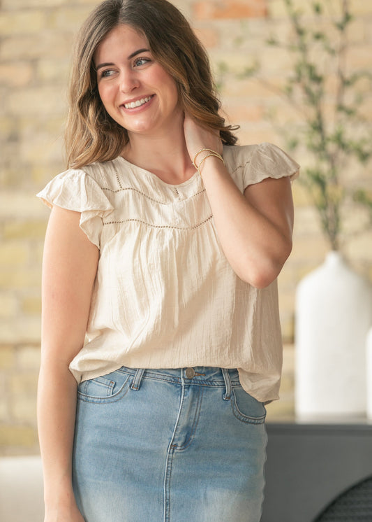 Oatmeal Ladder Lace Flounce Sleeve Top