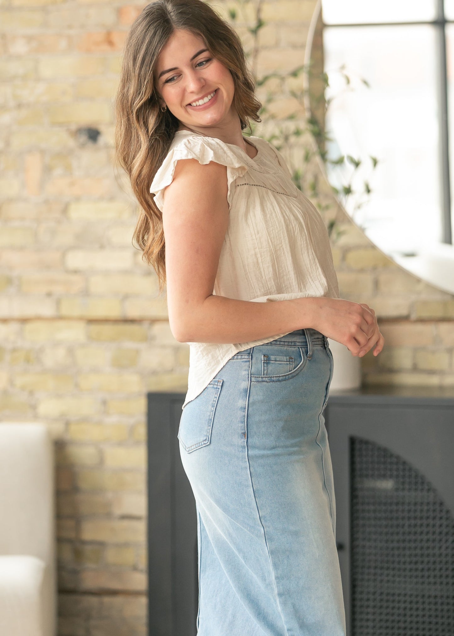 Oatmeal Ladder Lace Flounce Sleeve Top