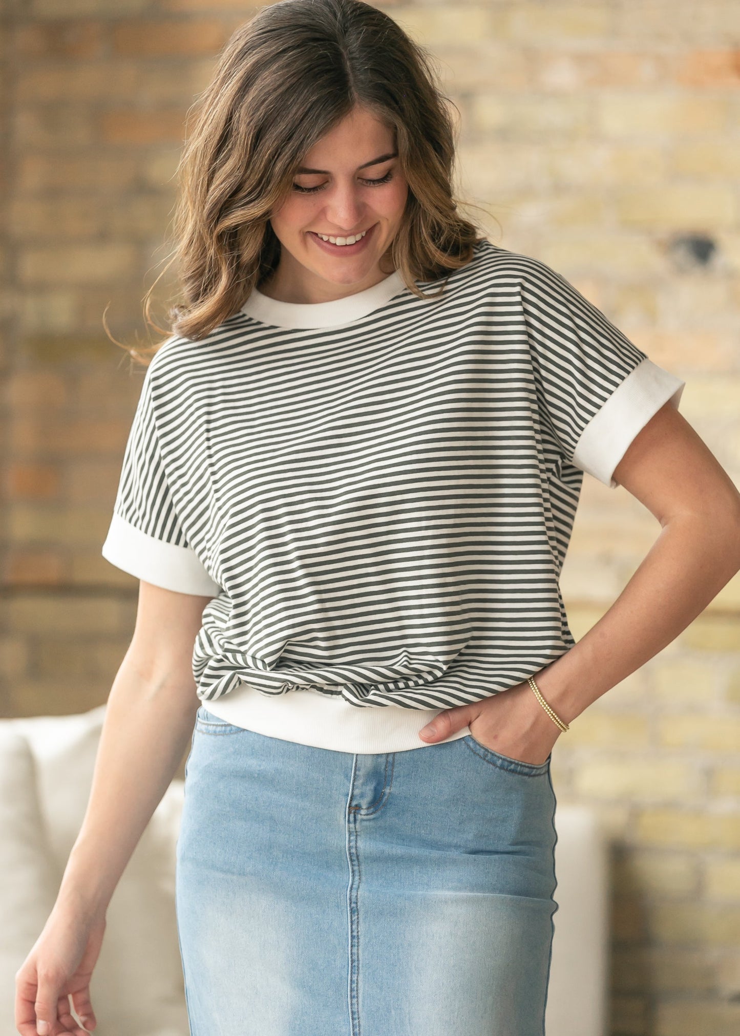 Olive Stripe Contrast Trim Top