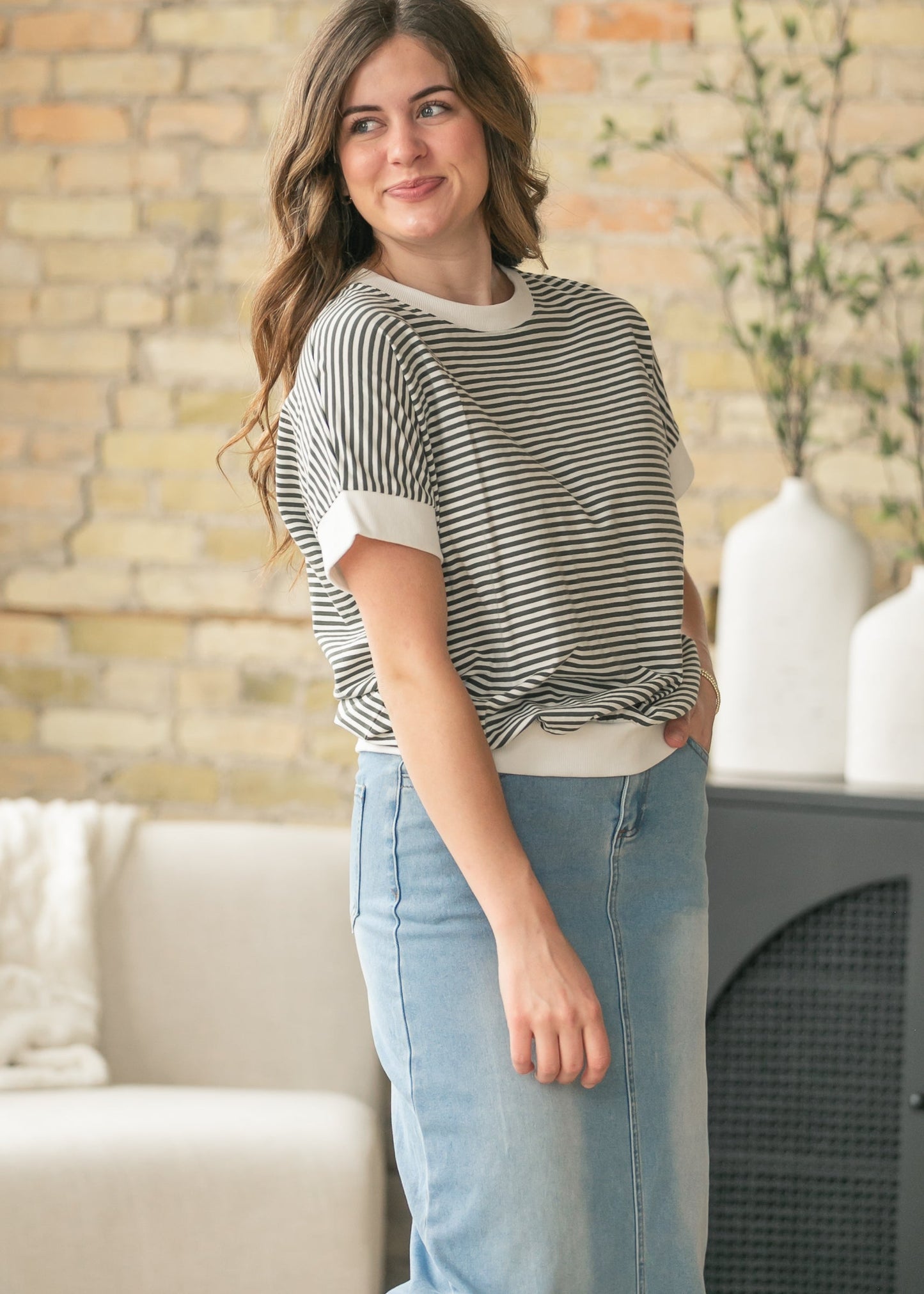Olive Stripe Contrast Trim Top