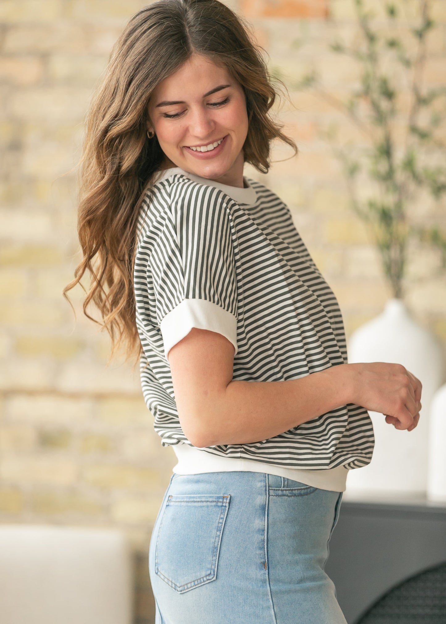 Olive Stripe Contrast Trim Top