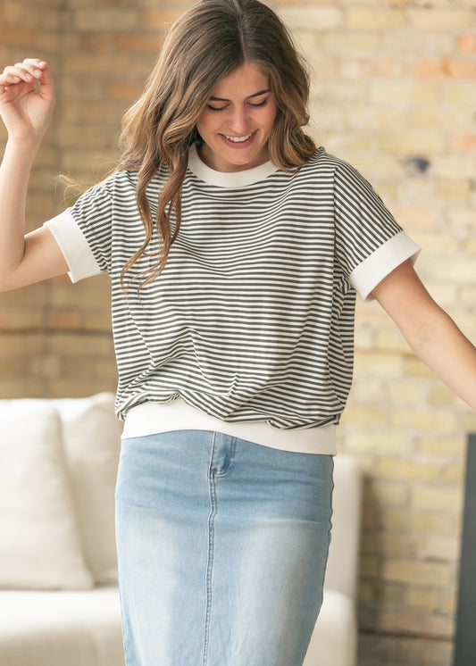 Olive Stripe Contrast Trim Top
