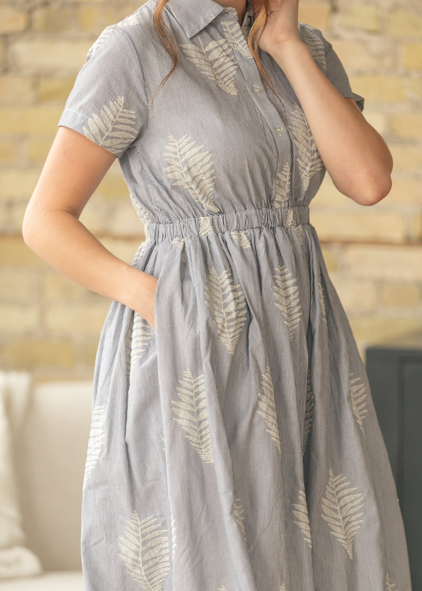 Pinstripe Embroidered Midi Dress