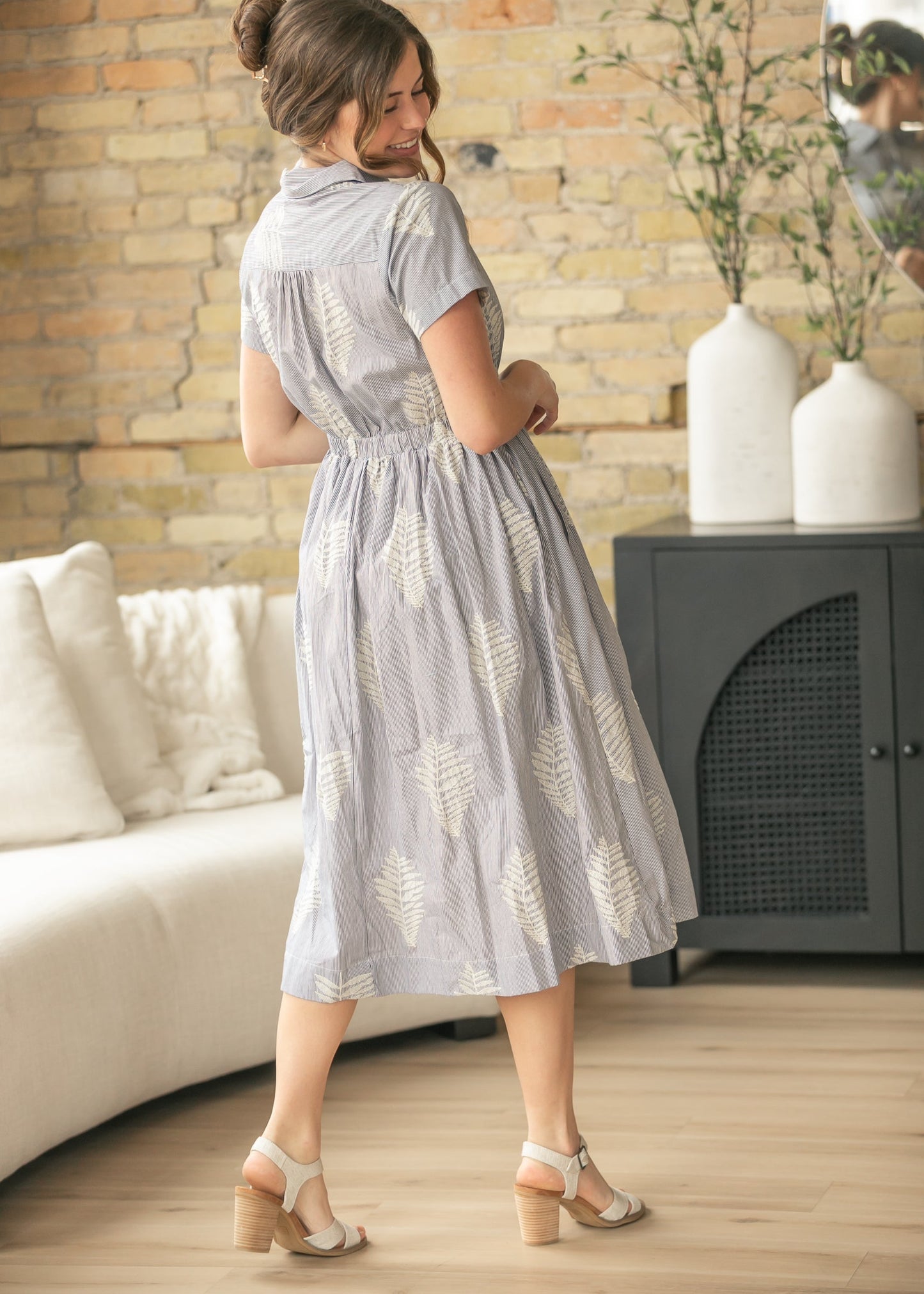 Pinstripe Embroidered Midi Dress