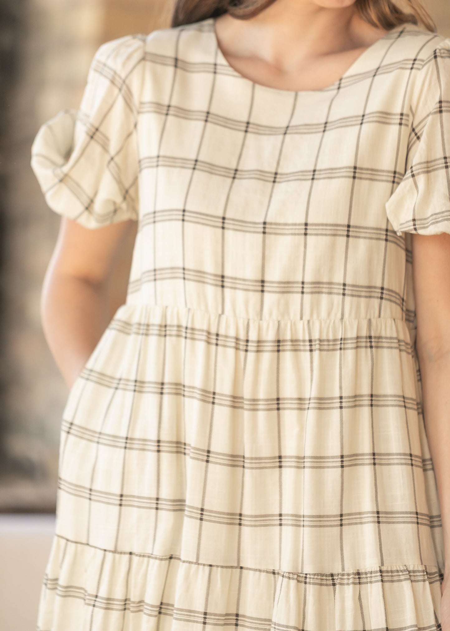 Puff Sleeve Windowpane Maxi Dress