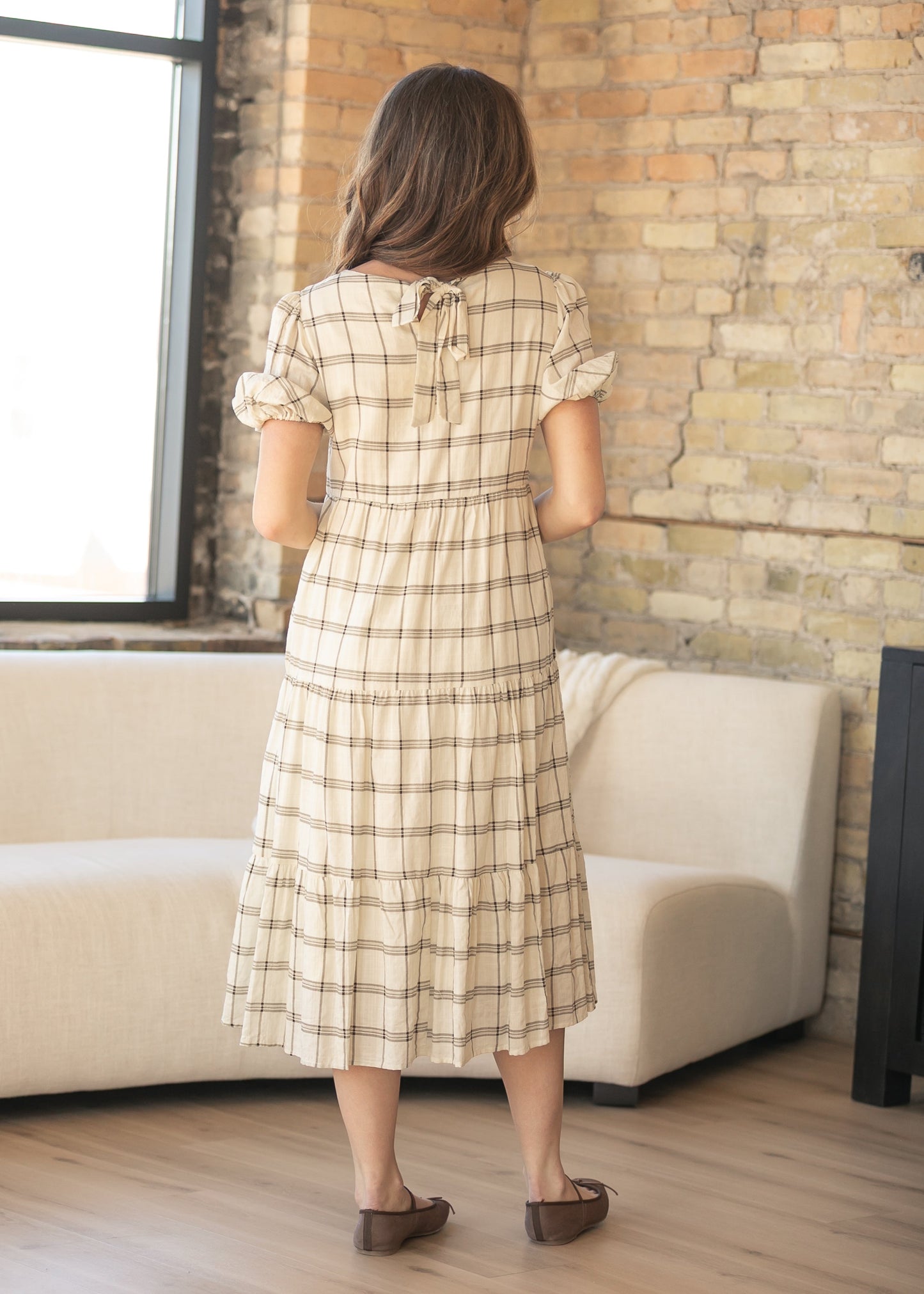 Puff Sleeve Windowpane Maxi Dress