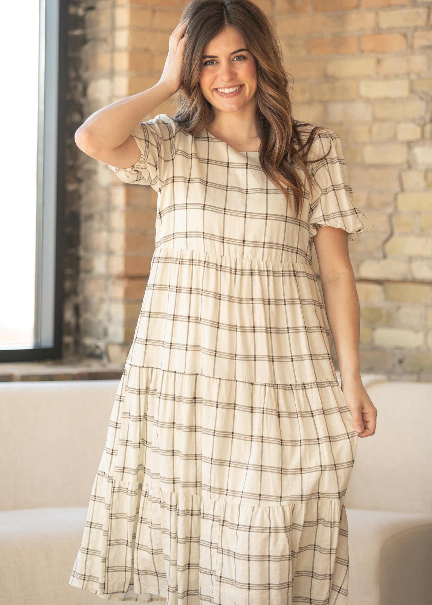 Puff Sleeve Windowpane Maxi Dress