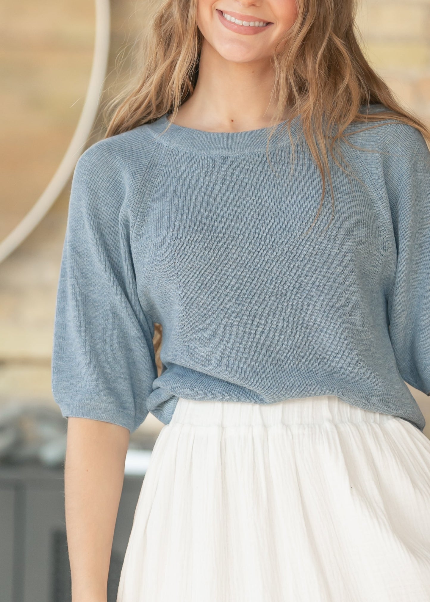 Ribbed Knit Blue Boxy Tee