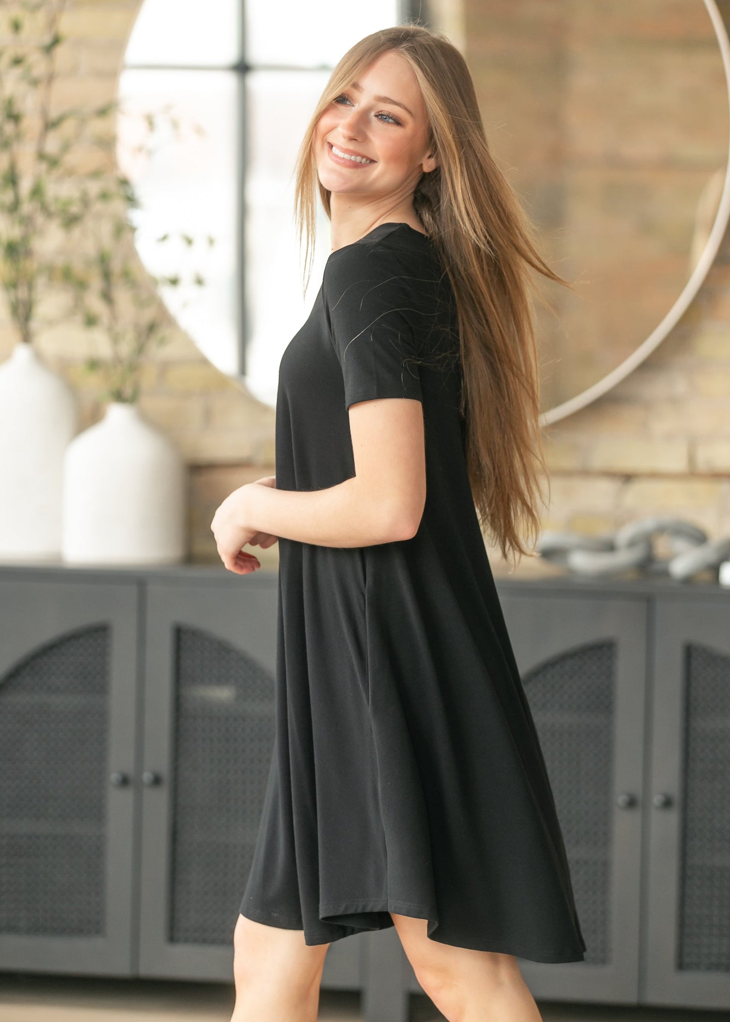 Short Sleeve A-Line Midi Dress
